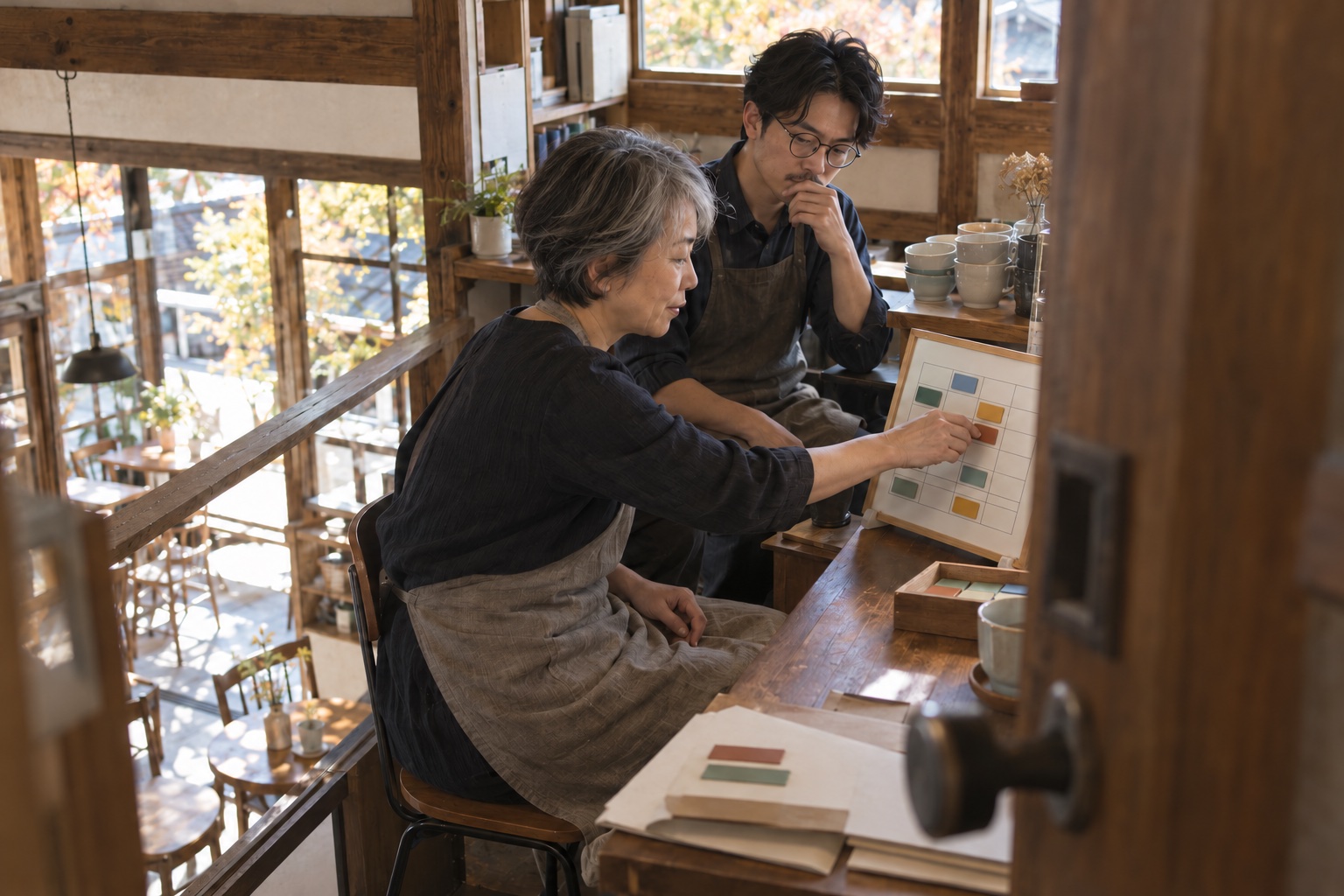 カフェの小さな事務所でシフトを組む二人。AI生成のイメージで、実際の画面・事例・提供内容を示すものではありません。