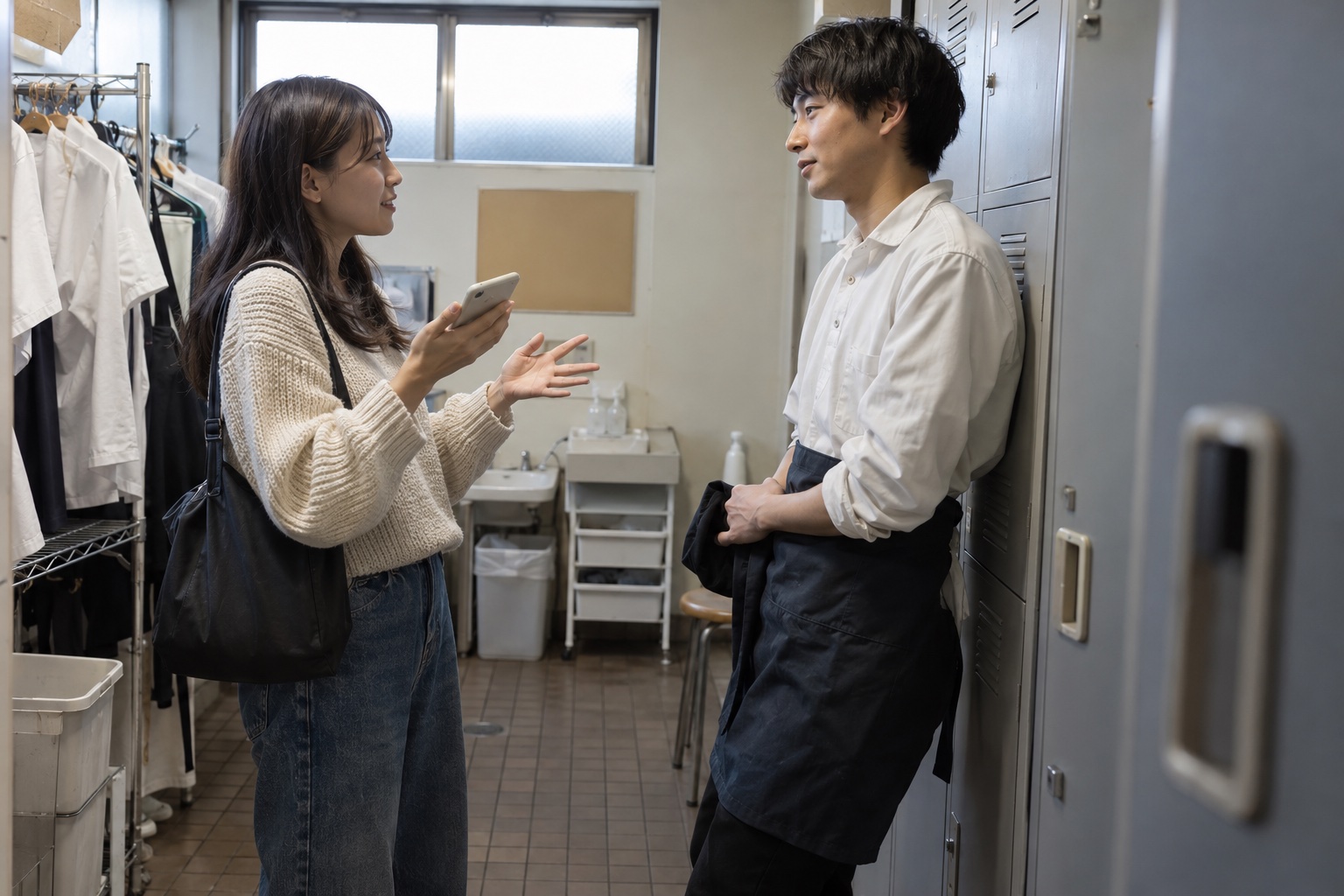 うどん店の更衣室で勤務交代を相談する学生。AI生成のイメージで、実際の画面・事例・提供内容を示すものではありません。