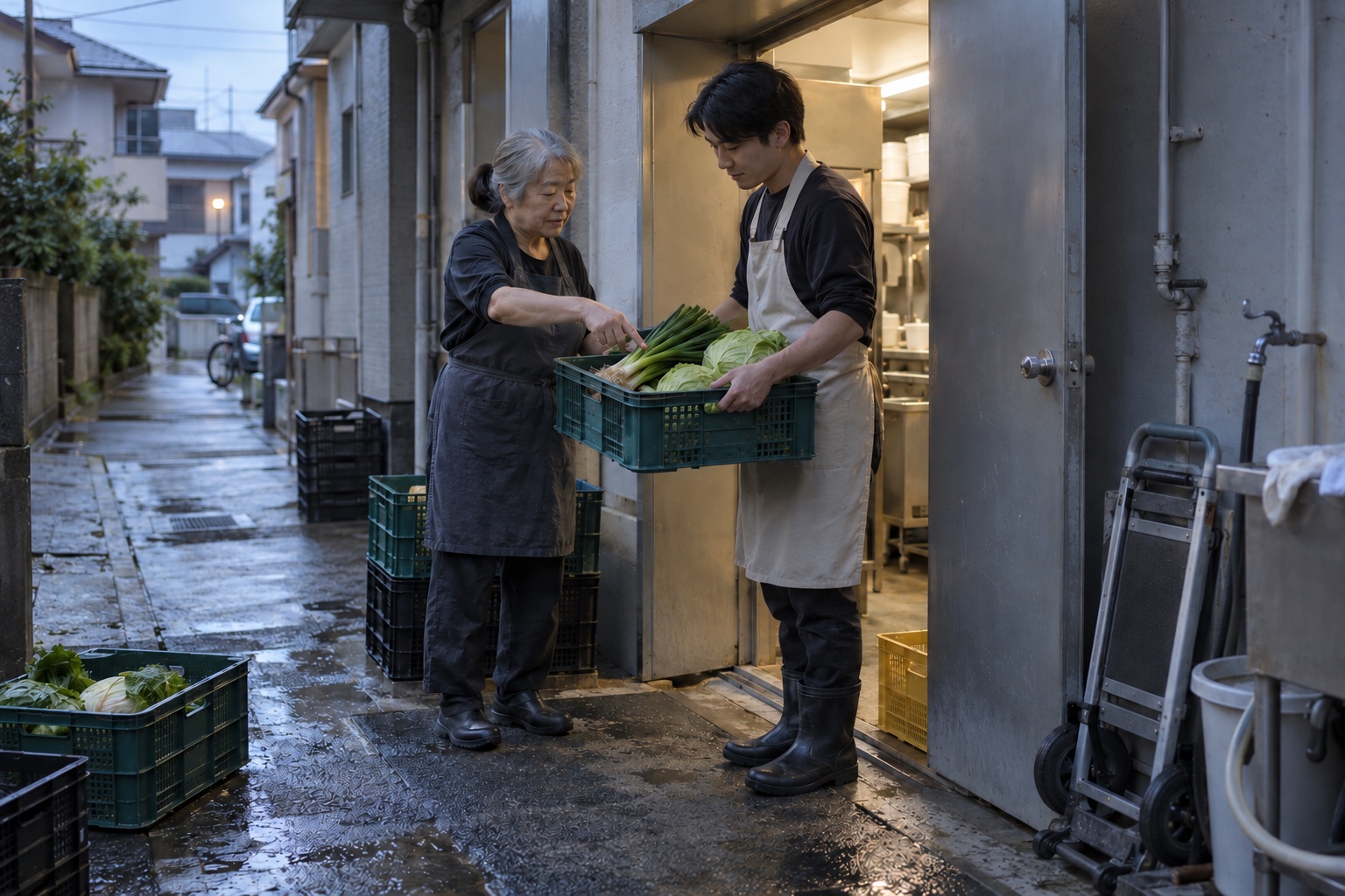 早朝のラーメン店で食材を引き継ぐ二人。AI生成のイメージで、実際の画面・事例・提供内容を示すものではありません。