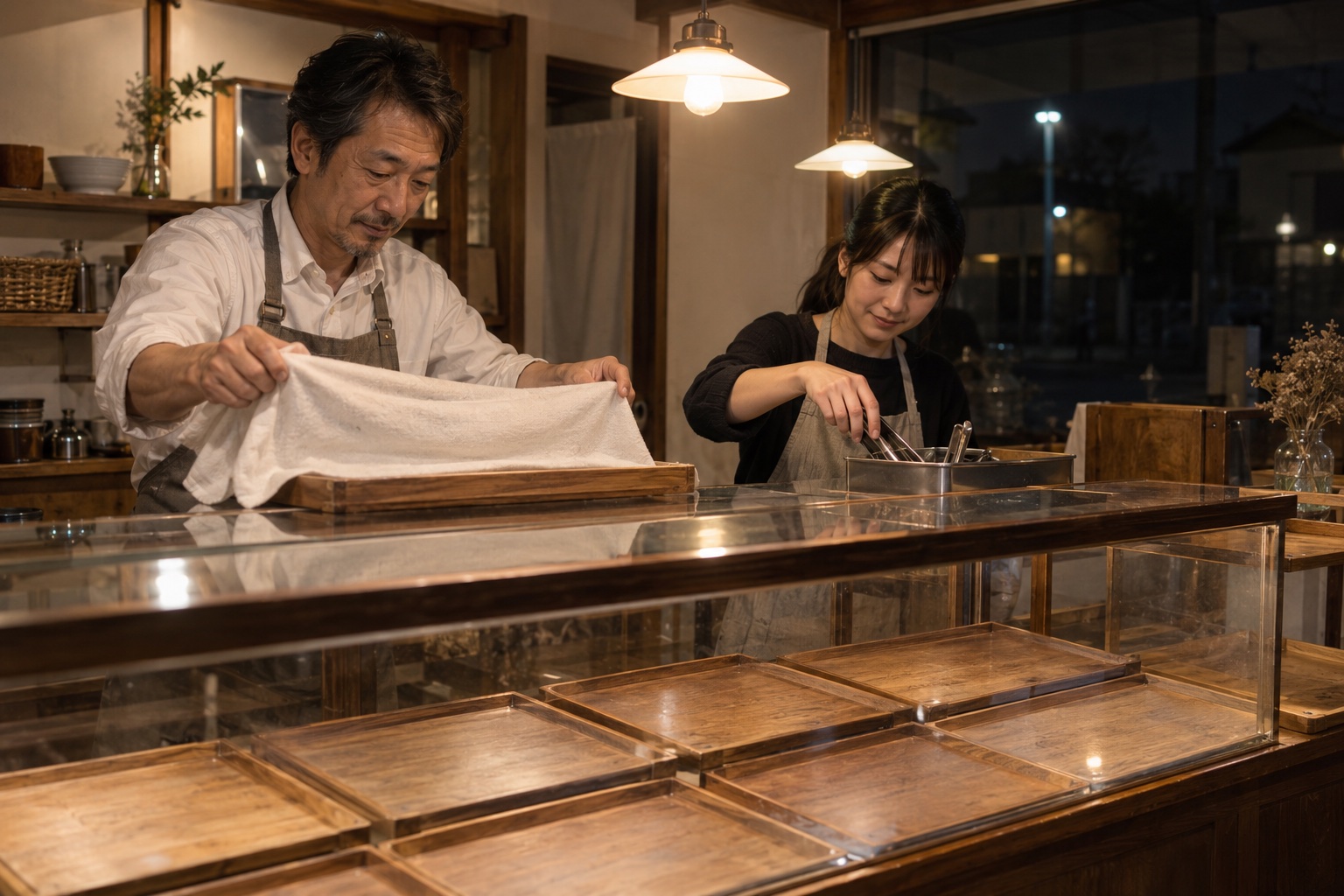 閉店後のパン屋でトレーとトングを片づける二人。AI生成のイメージで、実際の画面・事例・提供内容を示すものではありません。
