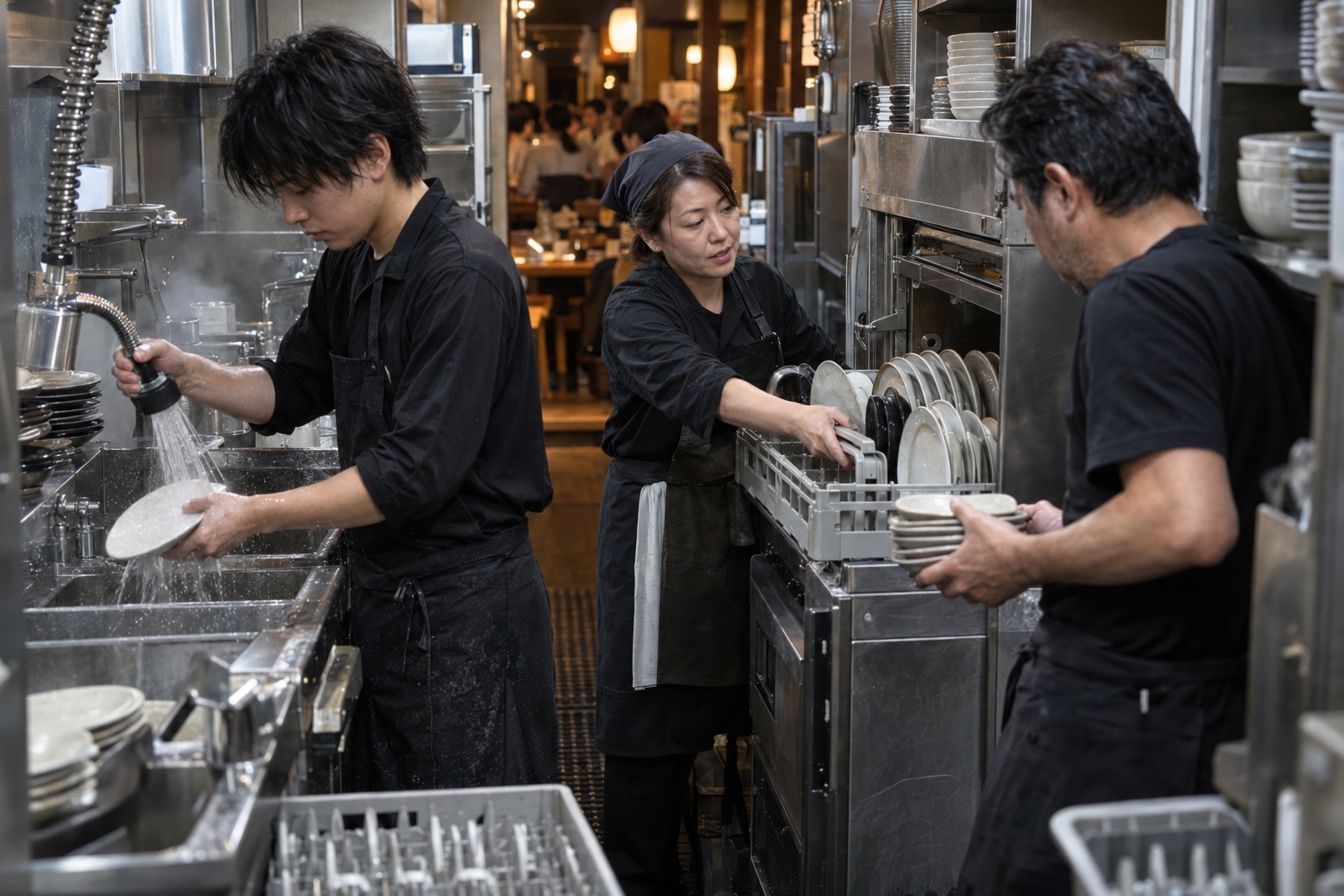 週末の居酒屋で食器洗いに連携する三人。AI生成のイメージで、実際の画面・事例・提供内容を示すものではありません。