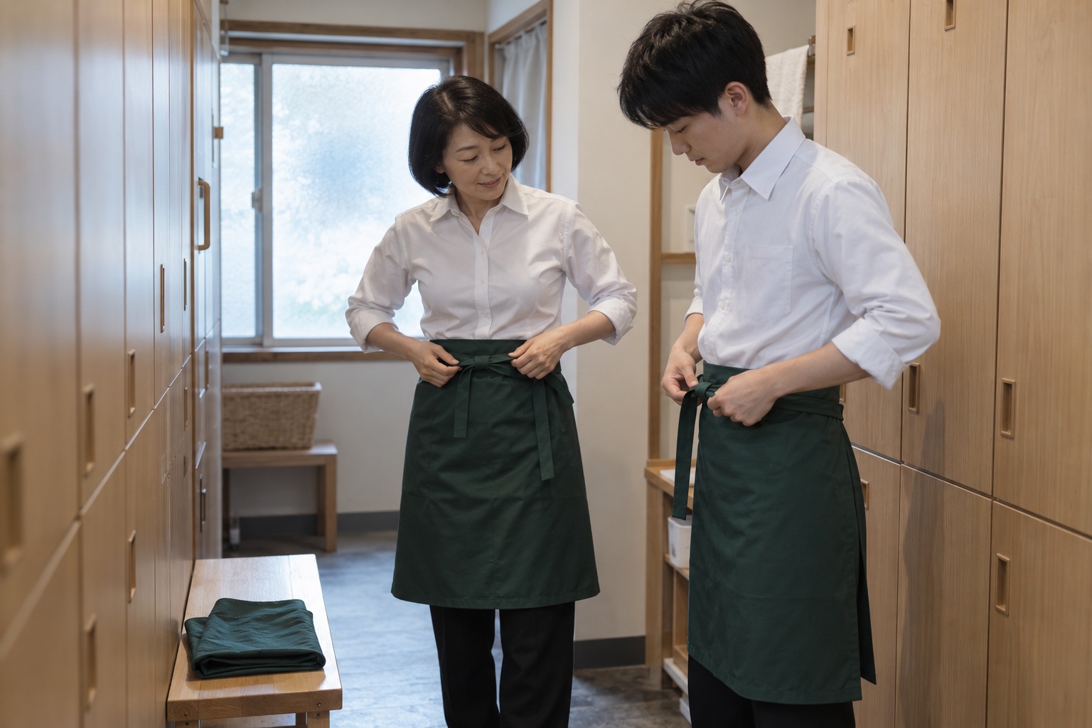とんかつ店の更衣室で身支度を教わる新人。AI生成のイメージで、実際の画面・事例・提供内容を示すものではありません。