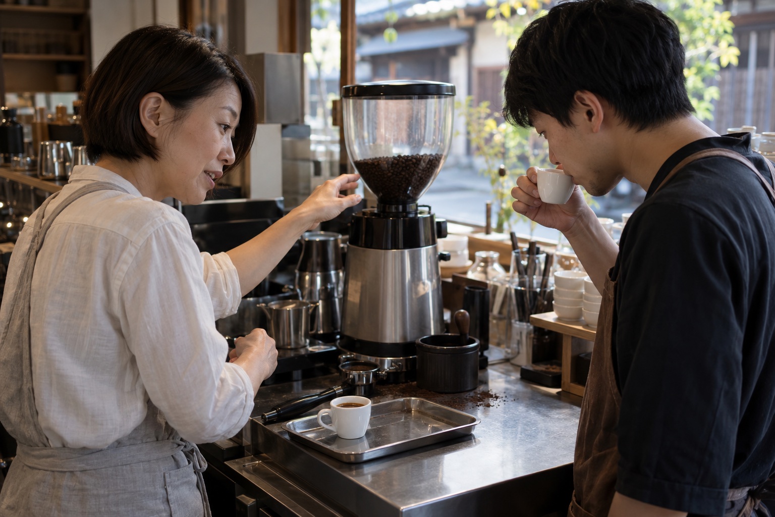 カフェで午後番に抽出の調子を引き継ぐ二人。AI生成のイメージで、実際の画面・事例・提供内容を示すものではありません。