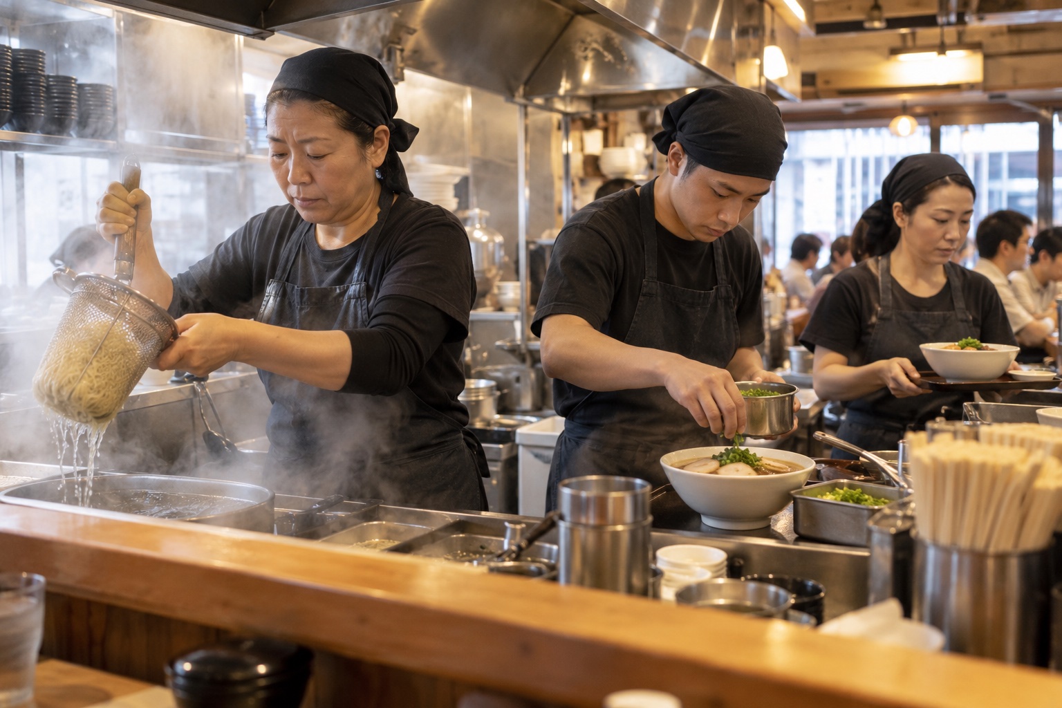 昼下がりのラーメン店で注文をさばくスタッフ。AI生成のイメージで、実際の画面・事例・提供内容を示すものではありません。