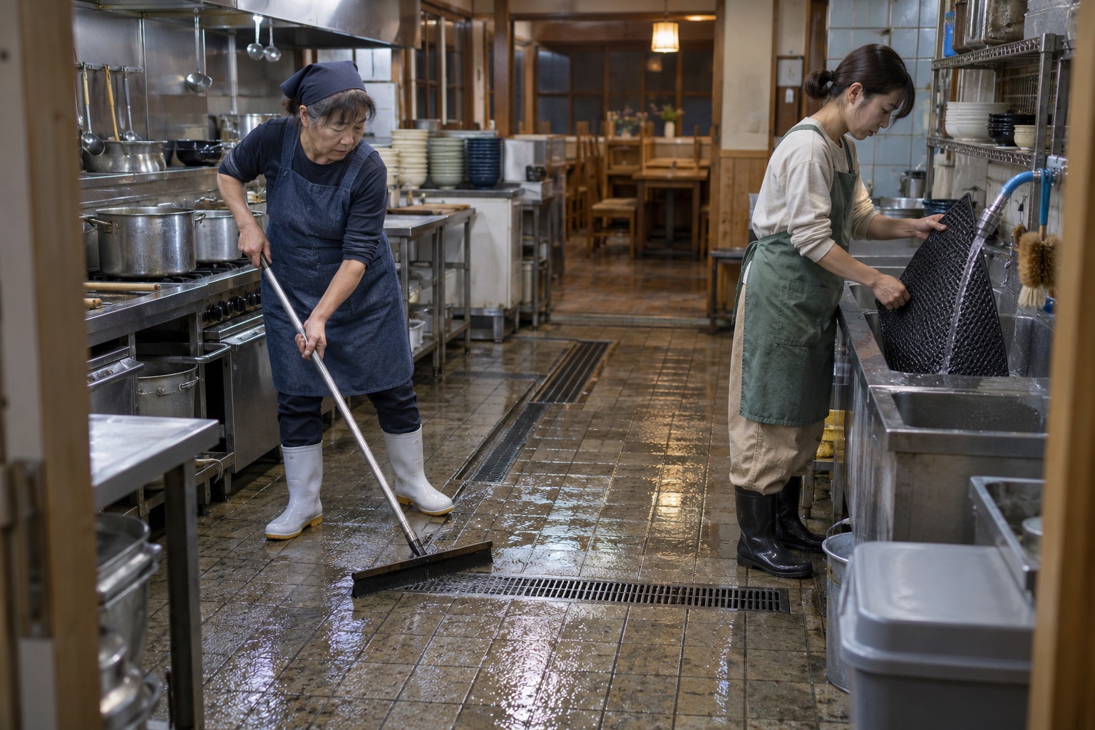 夜のうどん店で床を洗って閉店する二人。AI生成のイメージで、実際の画面・事例・提供内容を示すものではありません。