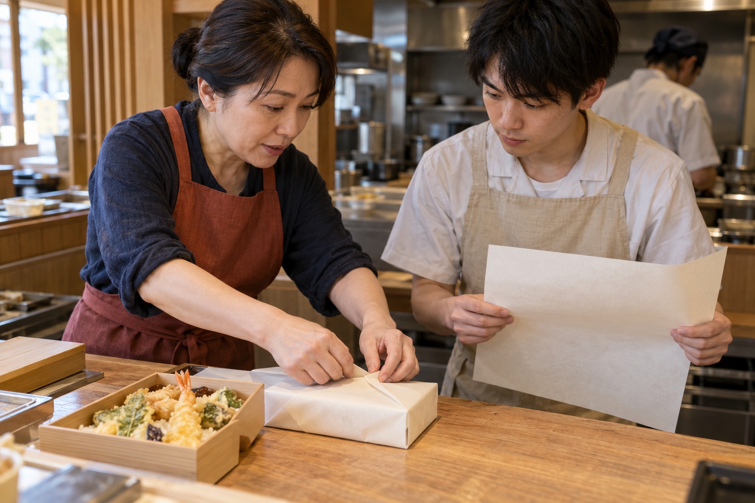 天ぷら店で持ち帰り弁当の包み方を学ぶ新人。AI生成のイメージで、実際の画面・事例・提供内容を示すものではありません。