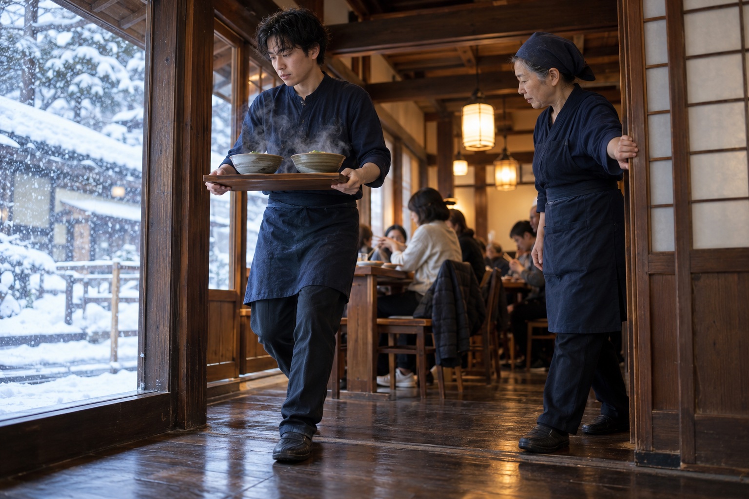 雪の日のそば店で配膳を助け合う店員。AI生成のイメージで、実際の画面・事例・提供内容を示すものではありません。