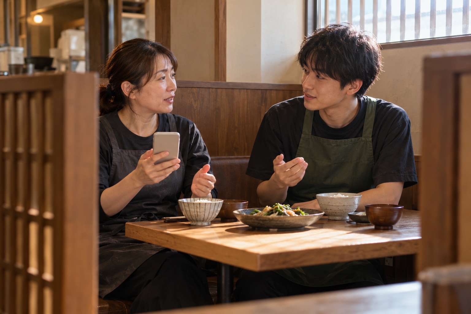 居酒屋のまかない席でシフト交代を相談する二人。AI生成のイメージで、実際の画面・事例・提供内容を示すものではありません。
