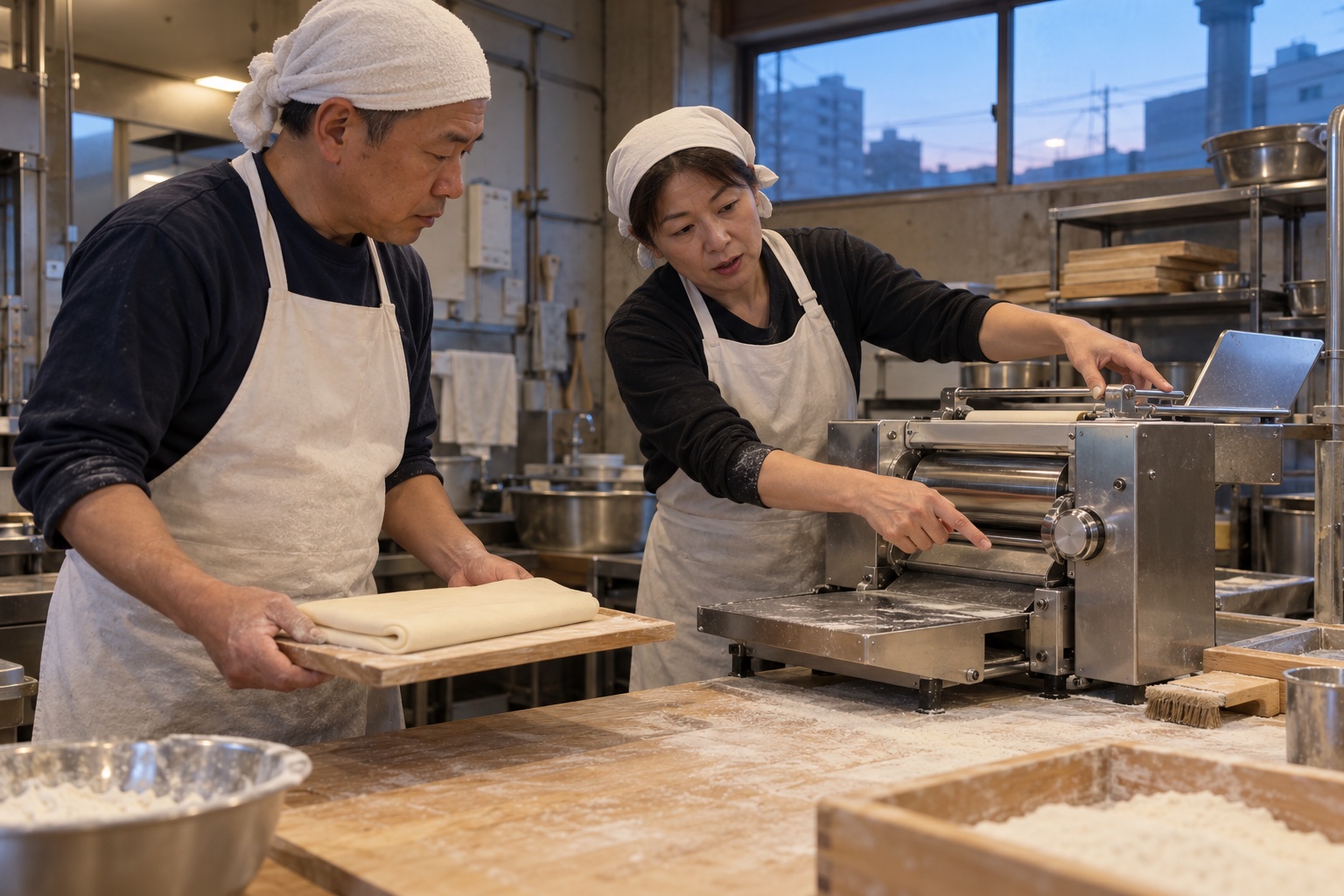 うどん店で製麺機の扱いを教わる新人。AI生成のイメージで、実際の画面・事例・提供内容を示すものではありません。