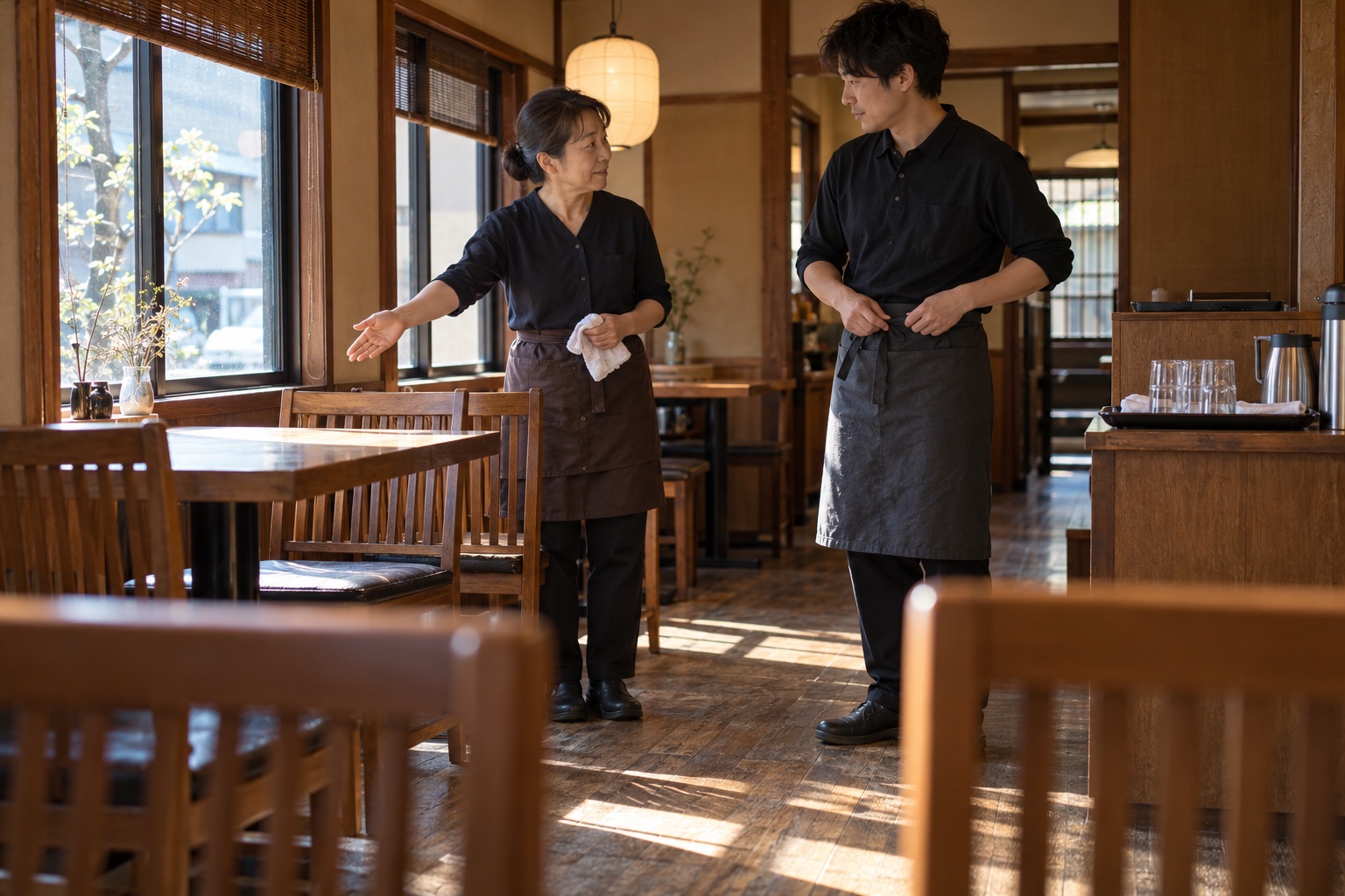 定食屋で昼番から夜番へ客席の状況を引き継ぐ二人。AI生成のイメージで、実際の画面・事例・提供内容を示すものではありません。