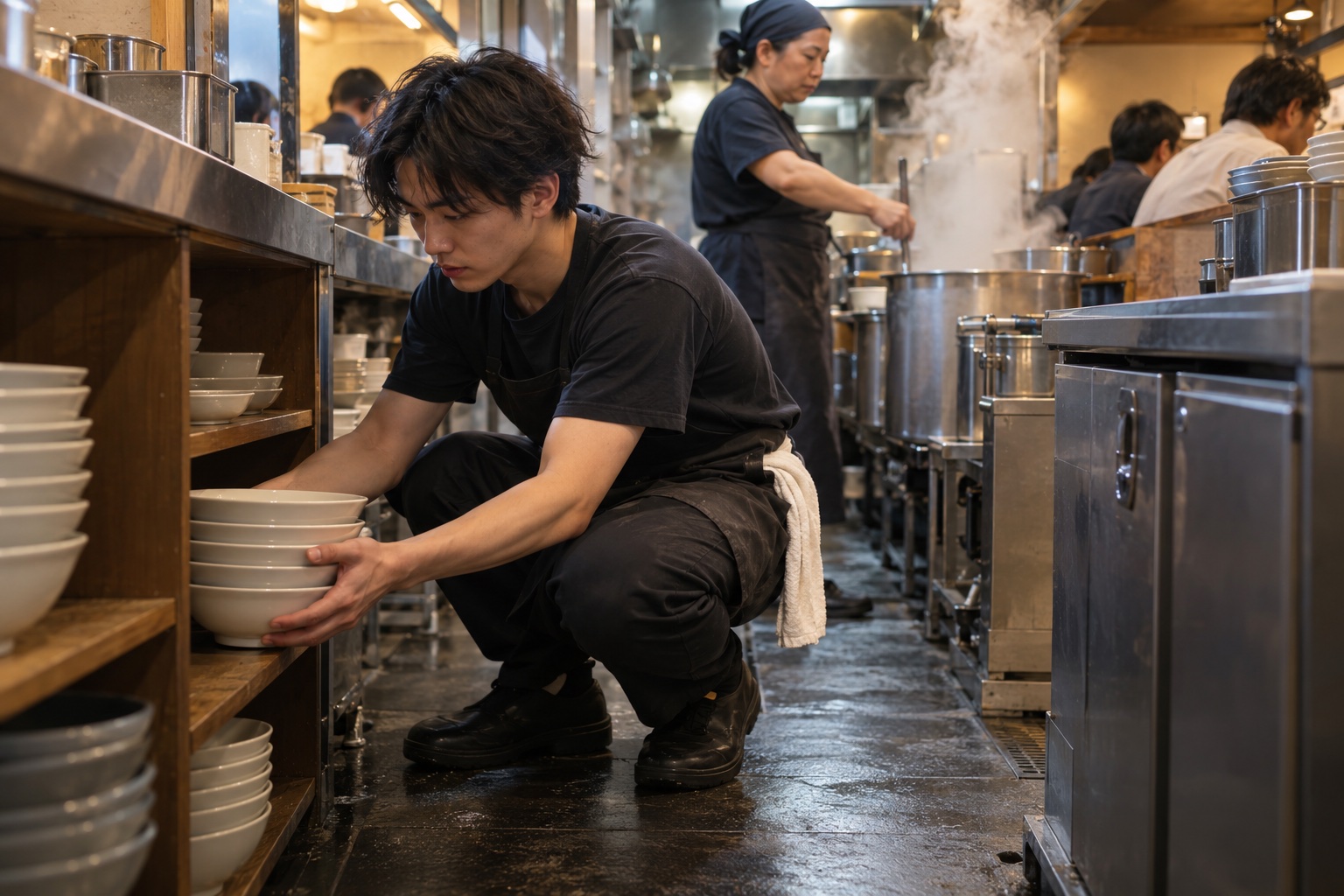 夜のラーメン店で丼を補充する学生スタッフ。AI生成のイメージで、実際の画面・事例・提供内容を示すものではありません。