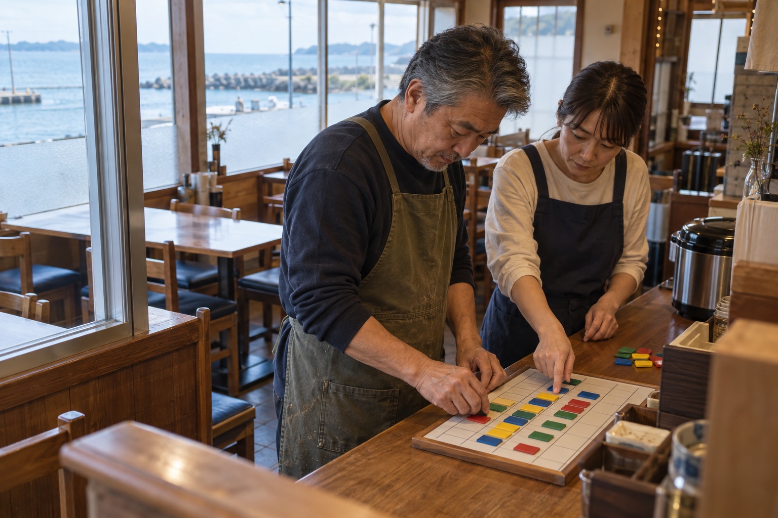 朝の定食屋でシフトを組む男性店主。AI生成のイメージで、実際の画面・事例・提供内容を示すものではありません。