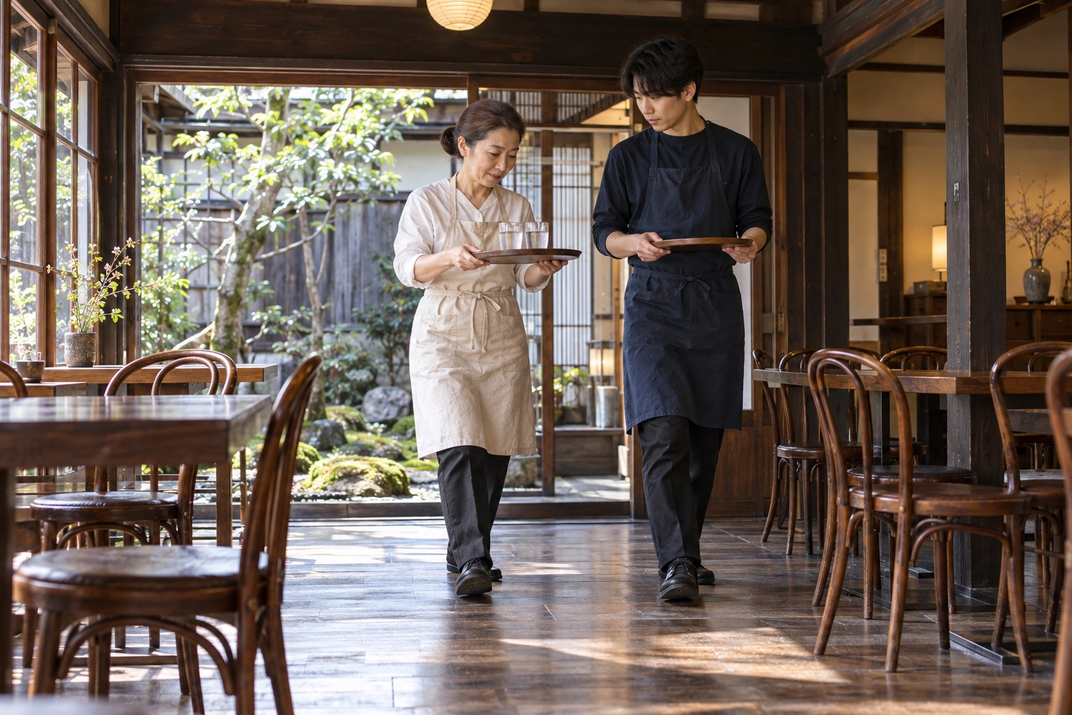 町家カフェでトレーの運び方を学ぶ新人。AI生成のイメージで、実際の画面・事例・提供内容を示すものではありません。