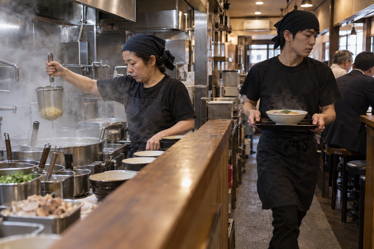昼のラーメン店で麺上げと配膳を分担するスタッフ。AI生成のイメージで、実際の画面・事例・提供内容を示すものではありません。