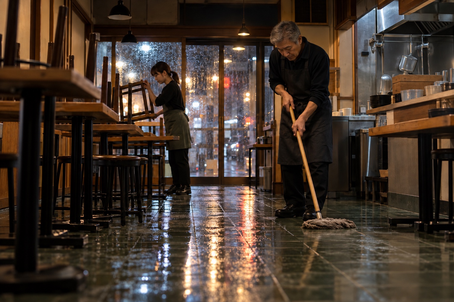 閉店後のうどん店で床をモップがけする店主。AI生成のイメージで、実際の画面・事例・提供内容を示すものではありません。