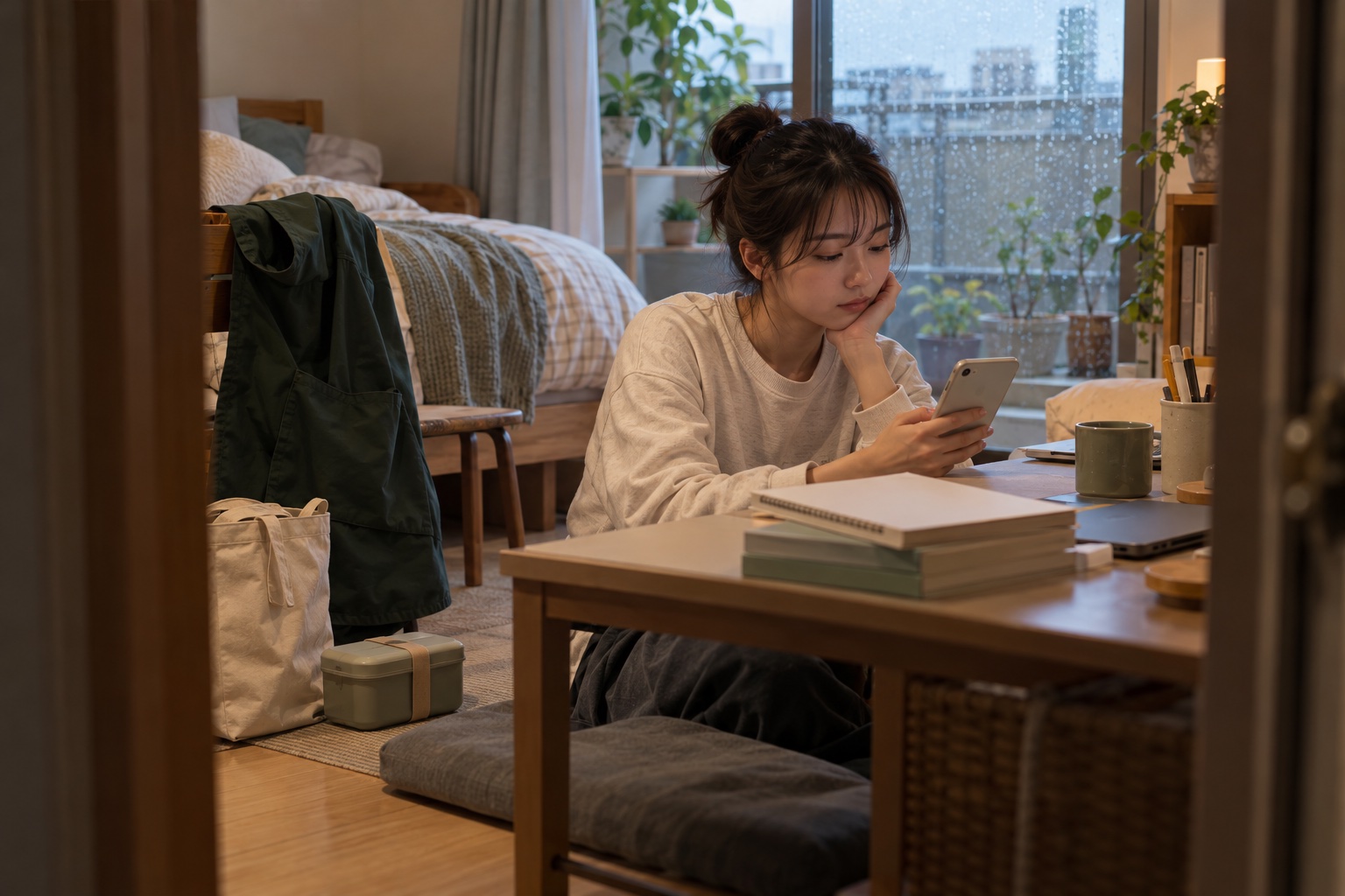 自宅で授業の課題とカフェの勤務予定を確認する学生。AI生成のイメージで、実際の画面・事例・提供内容を示すものではありません。