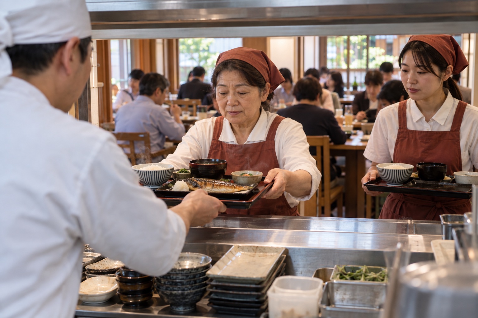 和食店の昼営業で料理を受け渡すスタッフ。AI生成のイメージで、実際の画面・事例・提供内容を示すものではありません。