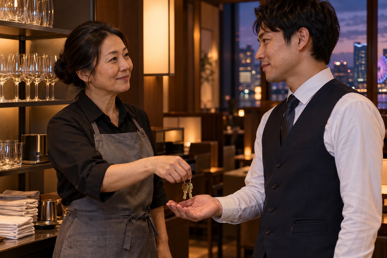 夕方の和食店で責任者同士が鍵を引き継ぐ。AI生成のイメージで、実際の画面・事例・提供内容を示すものではありません。