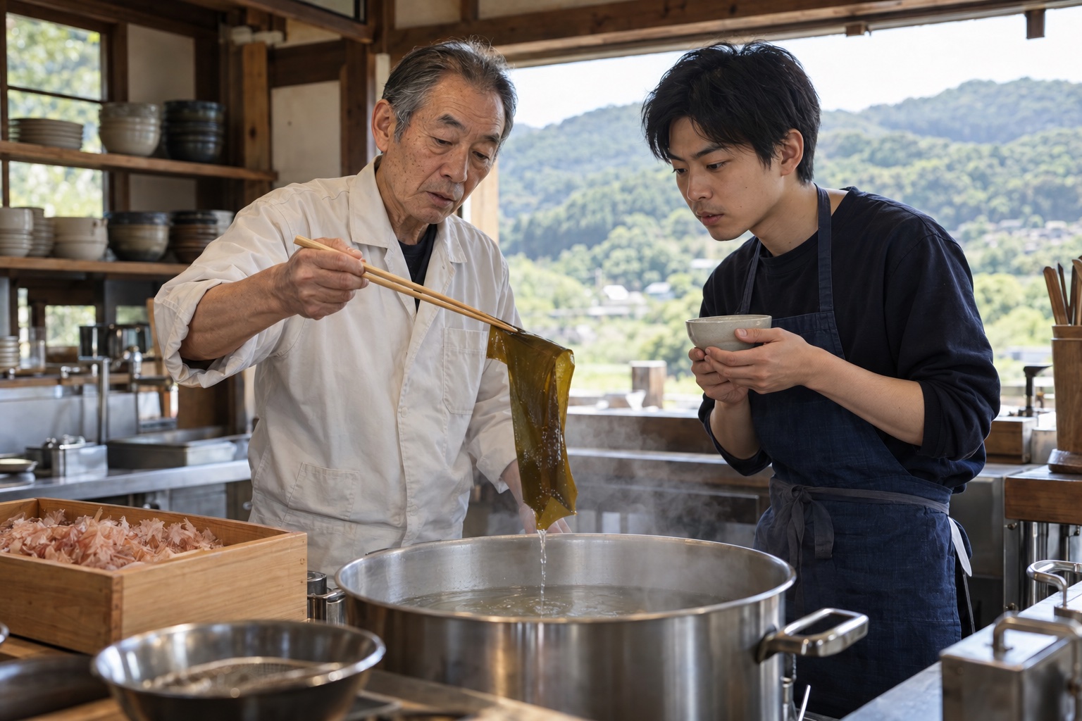 山あいのうどん店でだしの取り方を学ぶ新人。AI生成のイメージで、実際の画面・事例・提供内容を示すものではありません。
