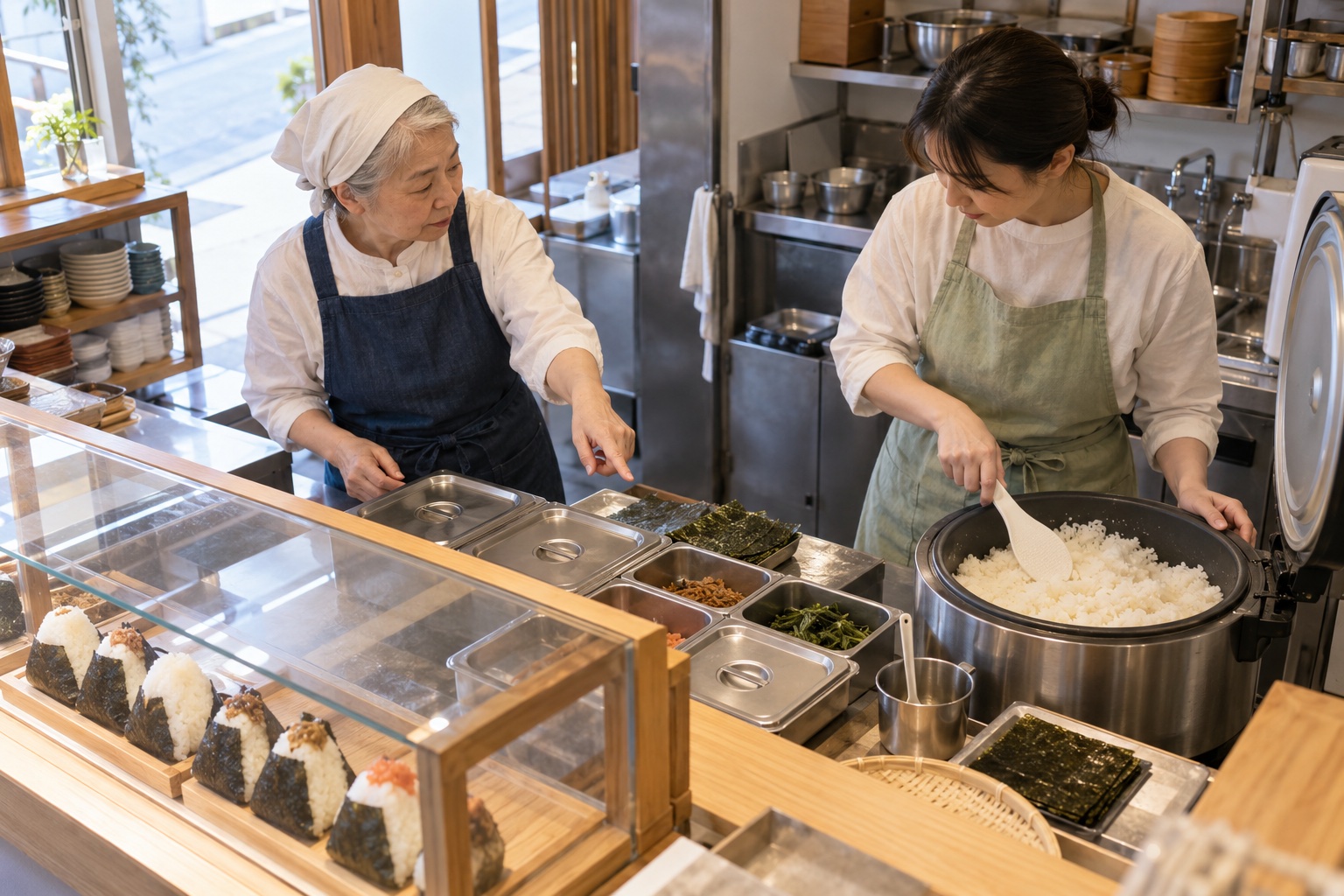 おにぎり店で仕込みの進み具合を引き継ぐ二人。AI生成のイメージで、実際の画面・事例・提供内容を示すものではありません。