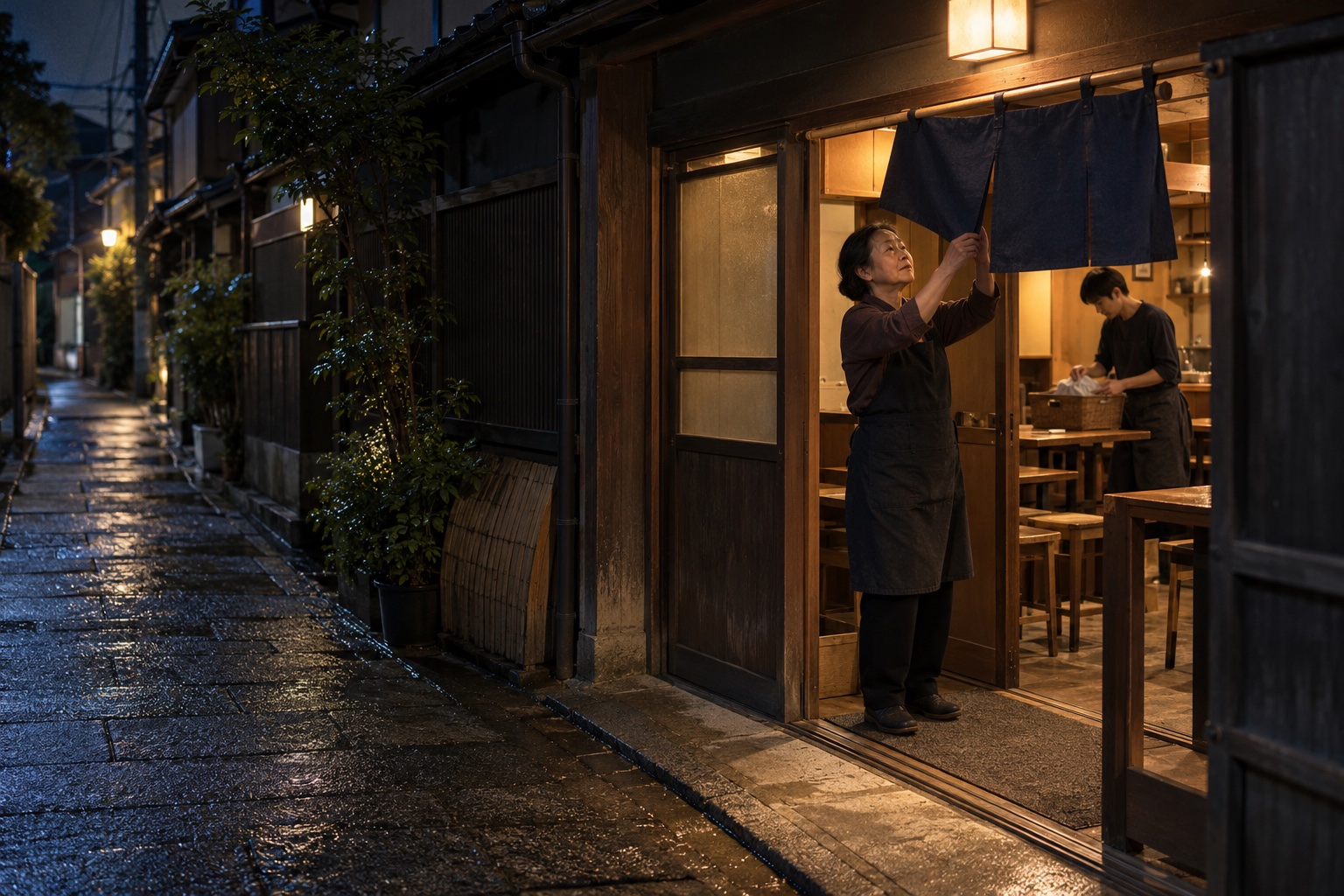 夜の居酒屋で無地の暖簾を外して閉店する店主。AI生成のイメージで、実際の画面・事例・提供内容を示すものではありません。