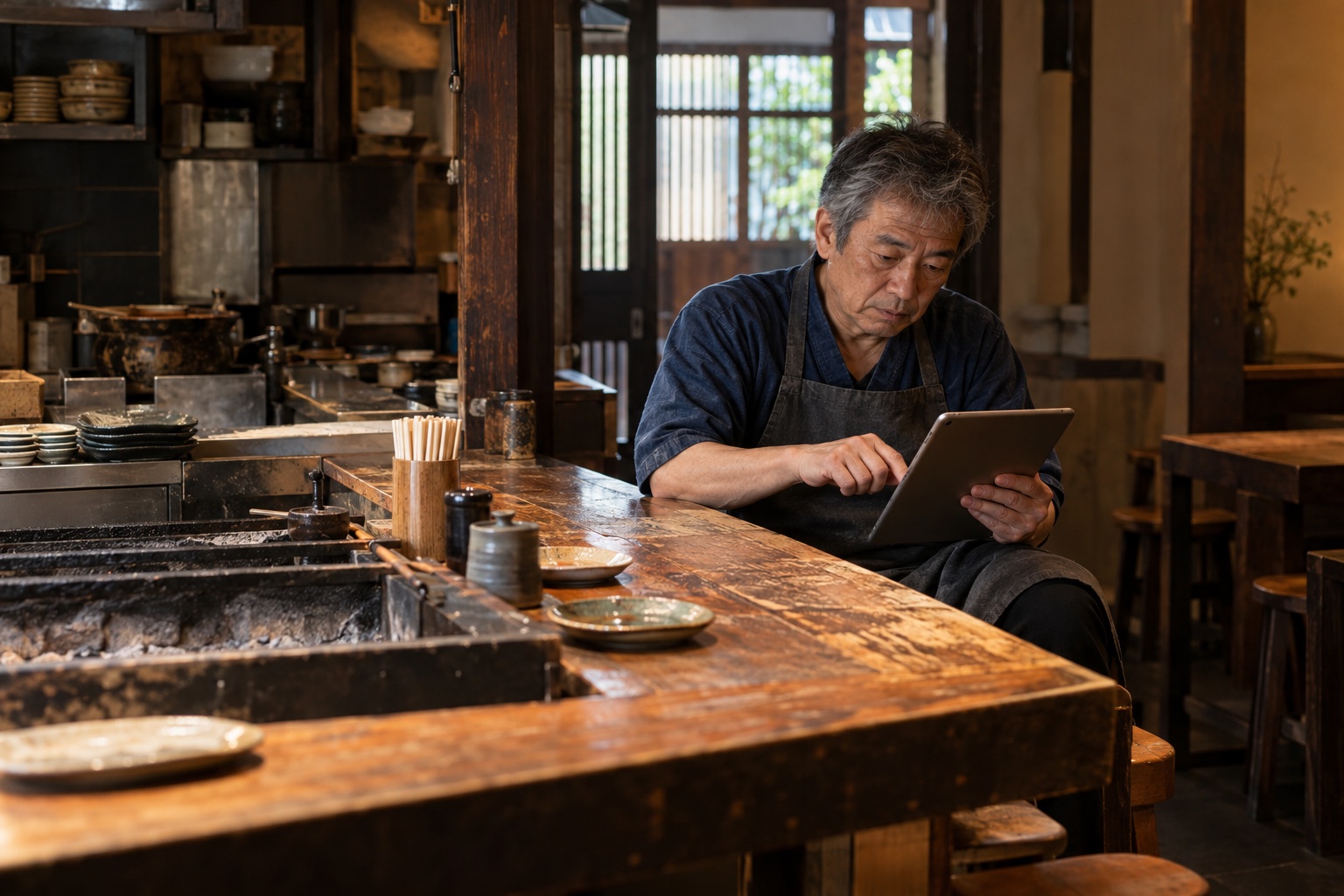 居酒屋のカウンターでシフトを組む店主。AI生成のイメージで、実際の画面・事例・提供内容を示すものではありません。