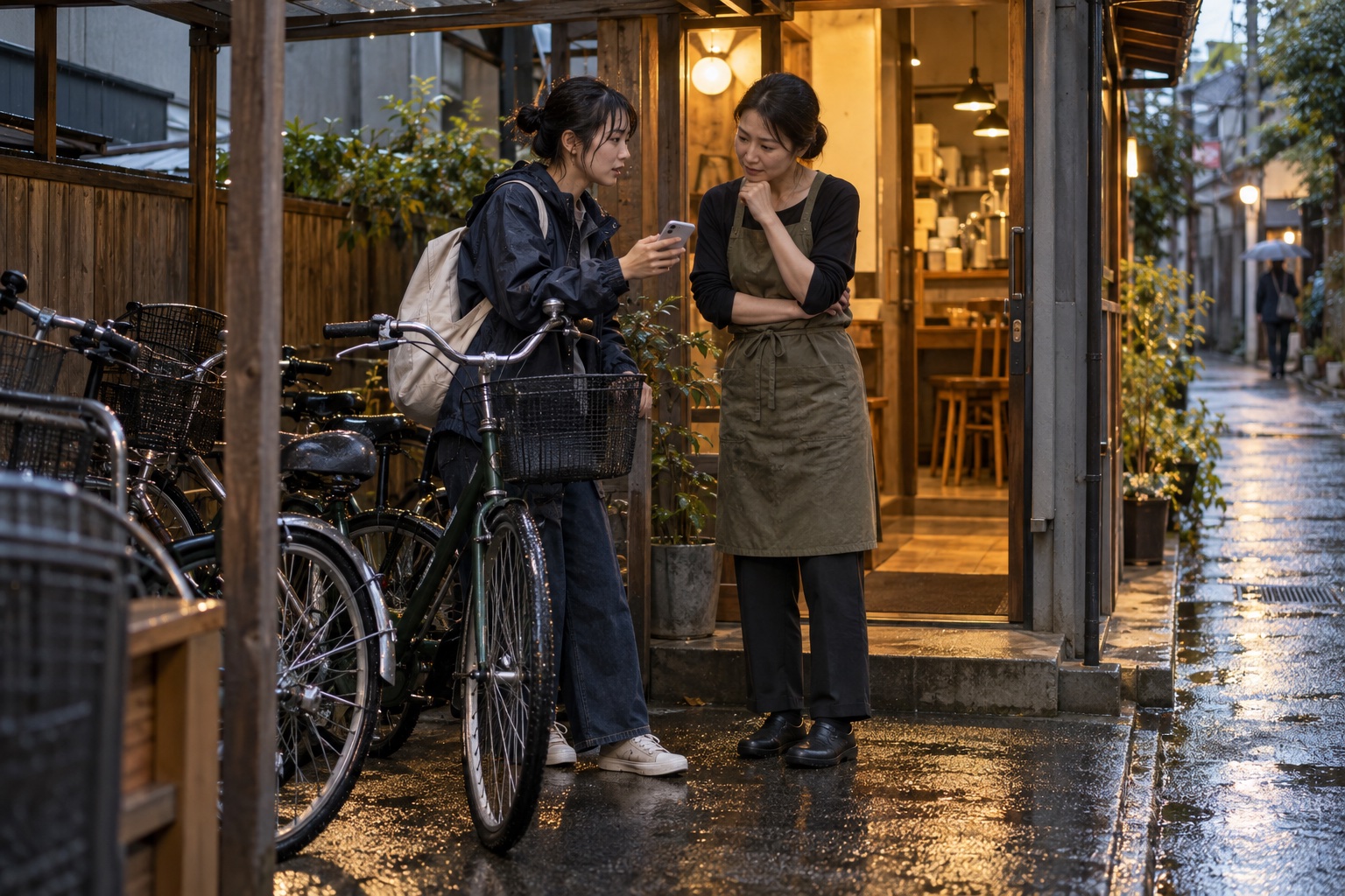 雨の日にカフェの裏口で勤務交代を相談する二人。AI生成のイメージで、実際の画面・事例・提供内容を示すものではありません。