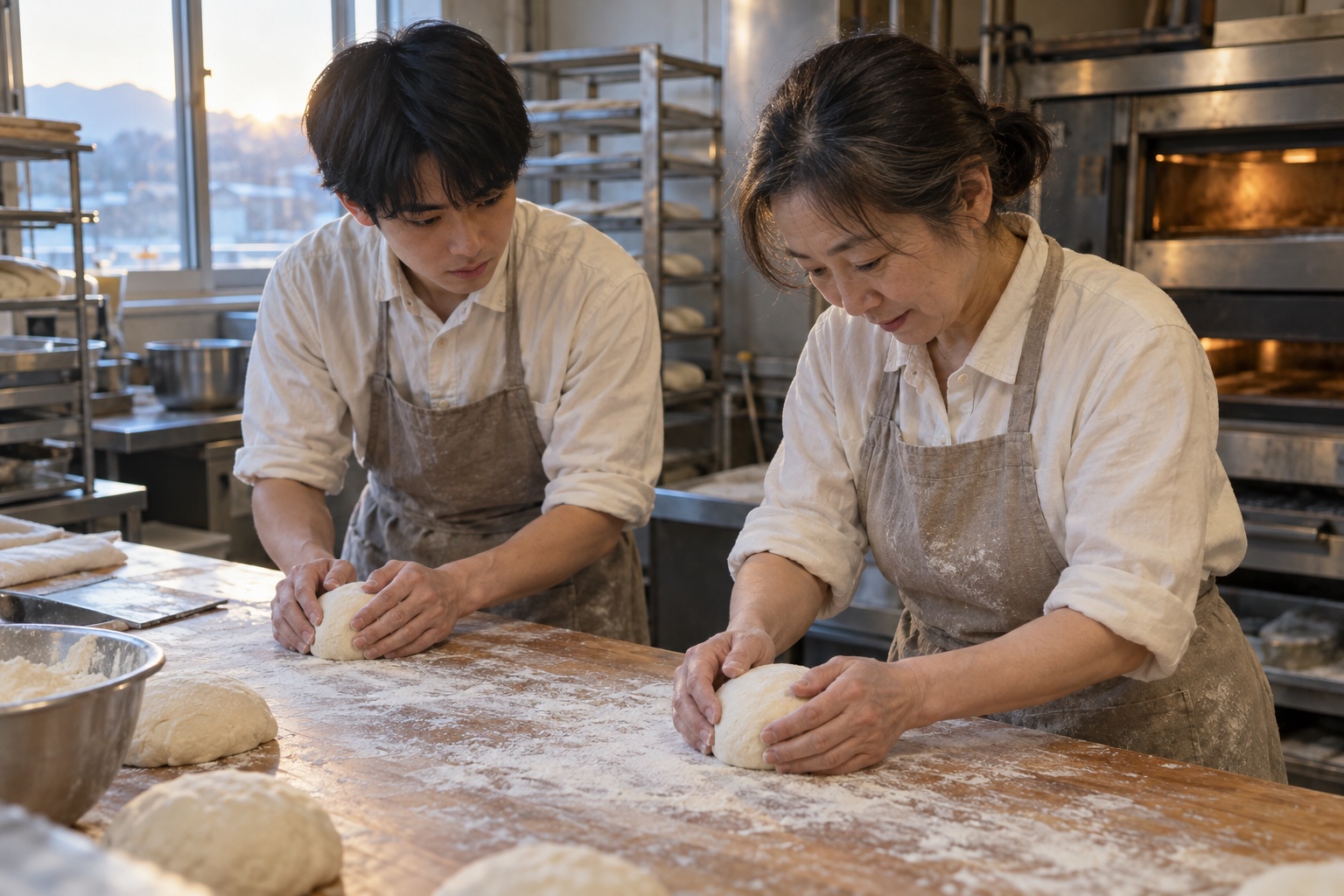 パン工房で新人に生地の丸め方を教える職人。AI生成のイメージで、実際の画面・事例・提供内容を示すものではありません。