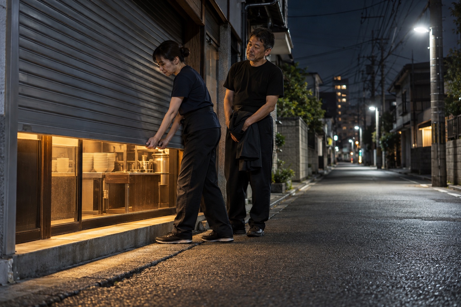 深夜のラーメン店でシャッターを下ろす店員たち。AI生成のイメージで、実際の画面・事例・提供内容を示すものではありません。