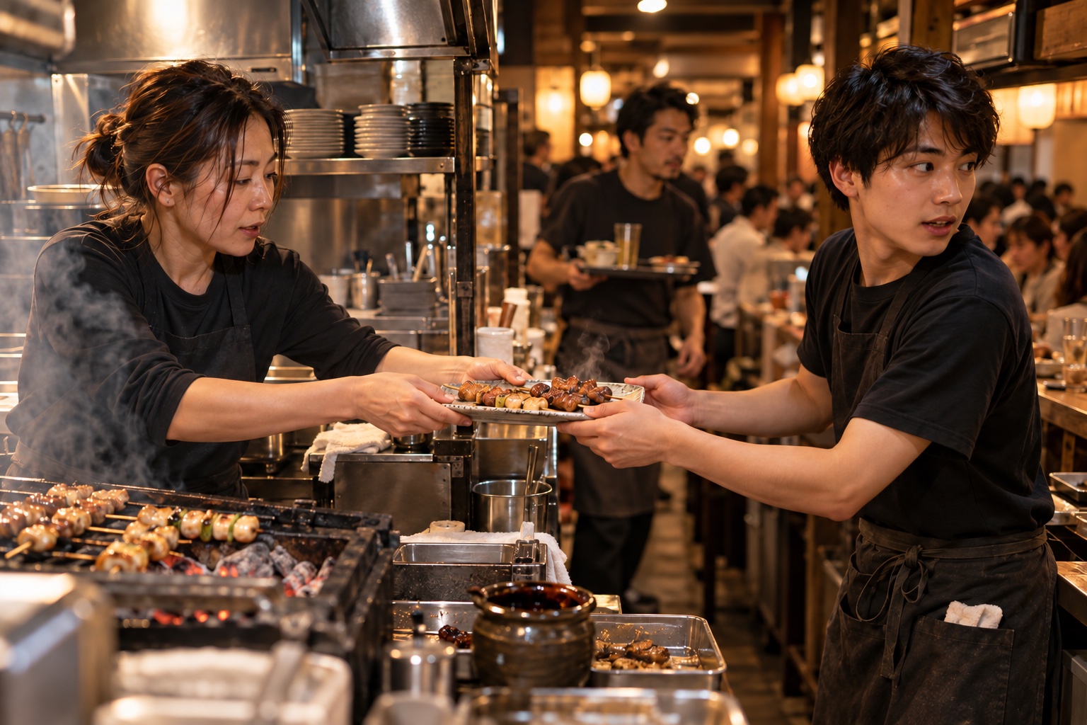 焼き鳥店で料理を受け渡す調理担当とホール係。AI生成のイメージで、実際の画面・事例・提供内容を示すものではありません。