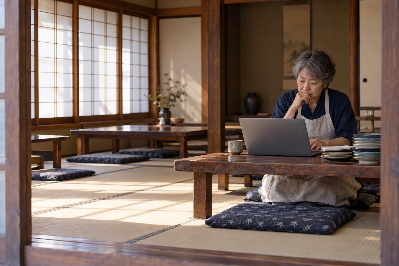 寿司店の座敷で勤務表を作る女性店主。AI生成のイメージで、実際の画面・事例・提供内容を示すものではありません。
