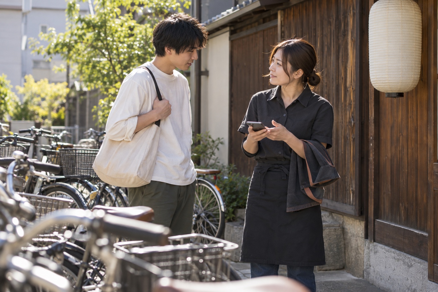 自転車置き場でシフト交代を相談する居酒屋の二人。AI生成のイメージで、実際の画面・事例・提供内容を示すものではありません。
