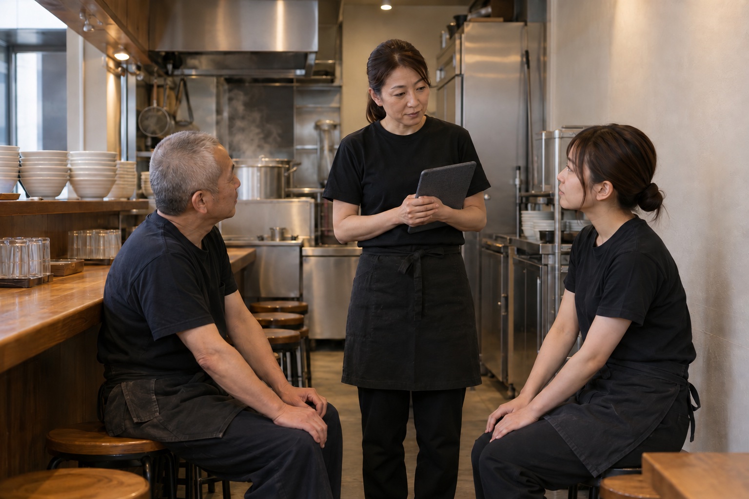 開店前のラーメン店で担当を確認するスタッフ。AI生成のイメージで、実際の画面・事例・提供内容を示すものではありません。