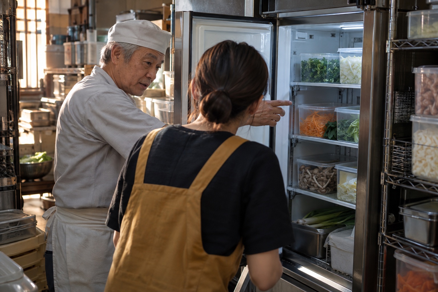 うどん店の冷蔵庫前で食材の在庫を引き継ぐ二人。AI生成のイメージで、実際の画面・事例・提供内容を示すものではありません。