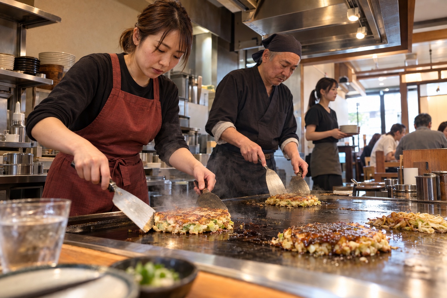 昼時のお好み焼き店で鉄板を囲んで働くスタッフ。AI生成のイメージで、実際の画面・事例・提供内容を示すものではありません。