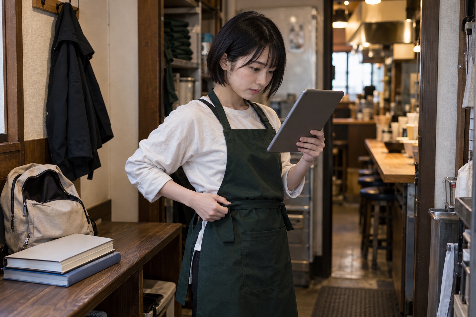 ラーメン店で出勤前に予定を確認する学生スタッフ。AI生成のイメージで、実際の画面・事例・提供内容を示すものではありません。