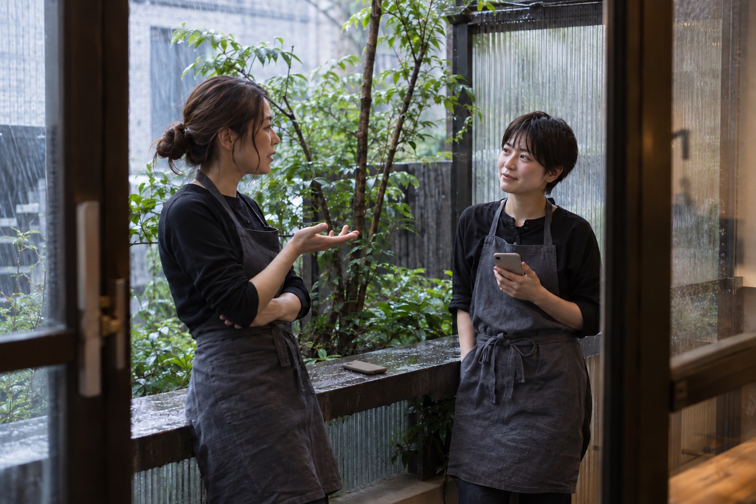 雨の日のカフェでシフト交代を相談する二人。AI生成のイメージで、実際の画面・事例・提供内容を示すものではありません。
