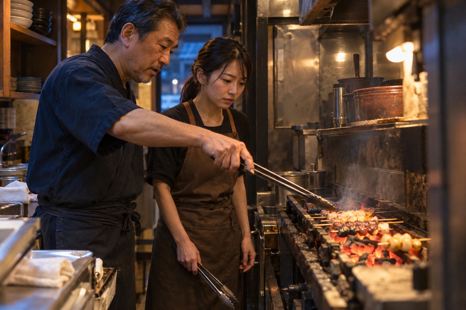 居酒屋の焼き場で火加減を引き継ぐスタッフ。AI生成のイメージで、実際の画面・事例・提供内容を示すものではありません。