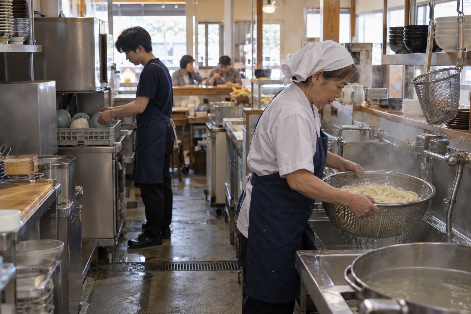 昼のうどん店で調理と洗い場を担うスタッフ。AI生成のイメージで、実際の画面・事例・提供内容を示すものではありません。