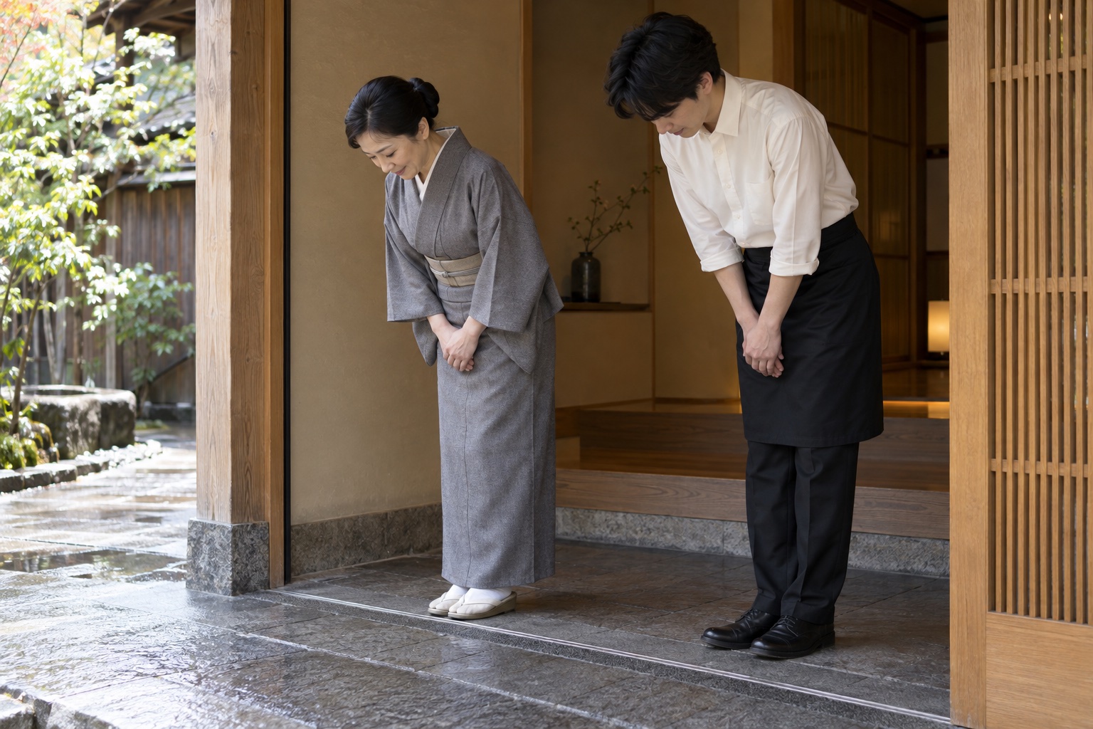 日本料理店の玄関で接客の挨拶を教わる新人。AI生成のイメージで、実際の画面・事例・提供内容を示すものではありません。