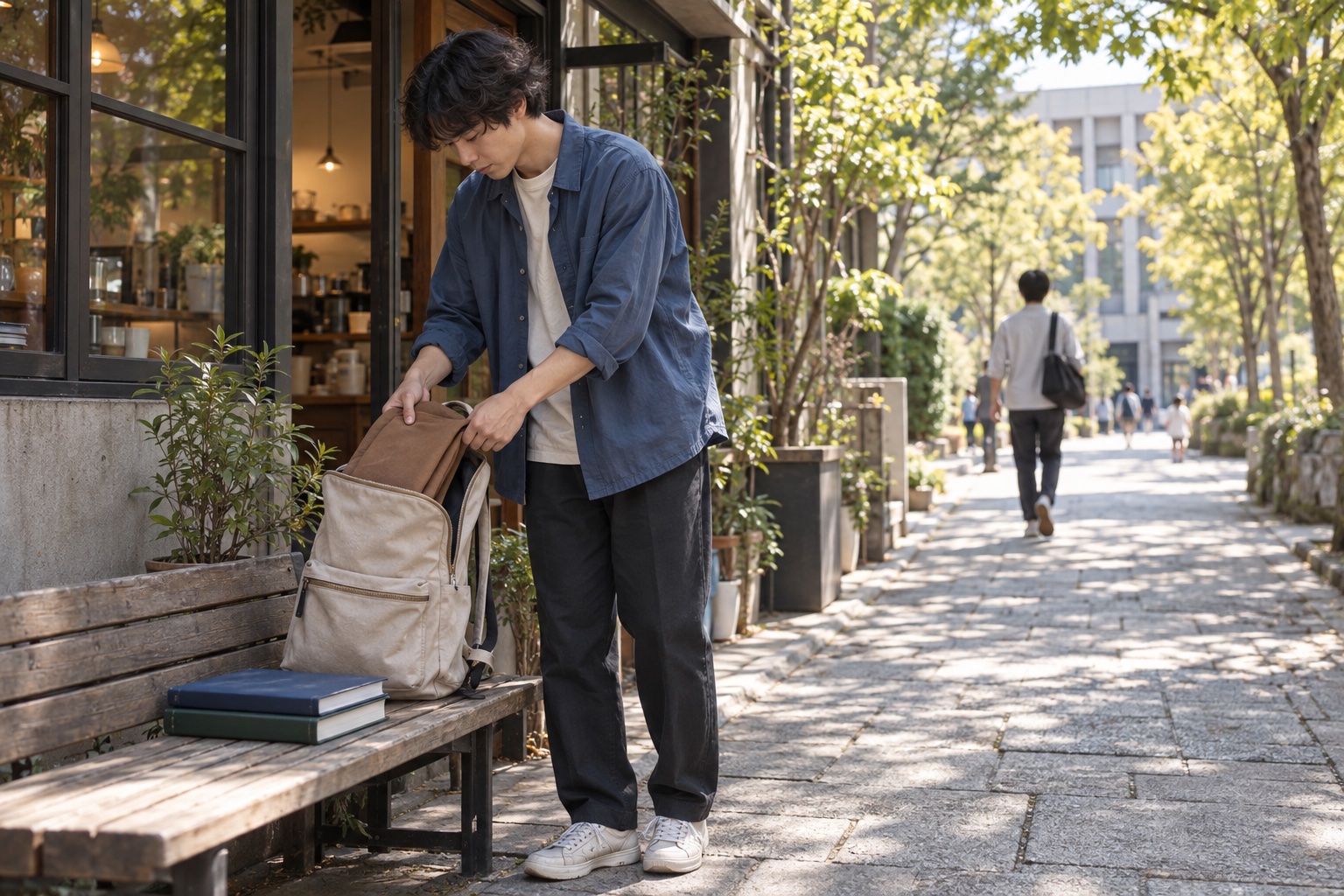 カフェの仕事を終え授業へ向かう学生スタッフ。AI生成のイメージで、実際の画面・事例・提供内容を示すものではありません。