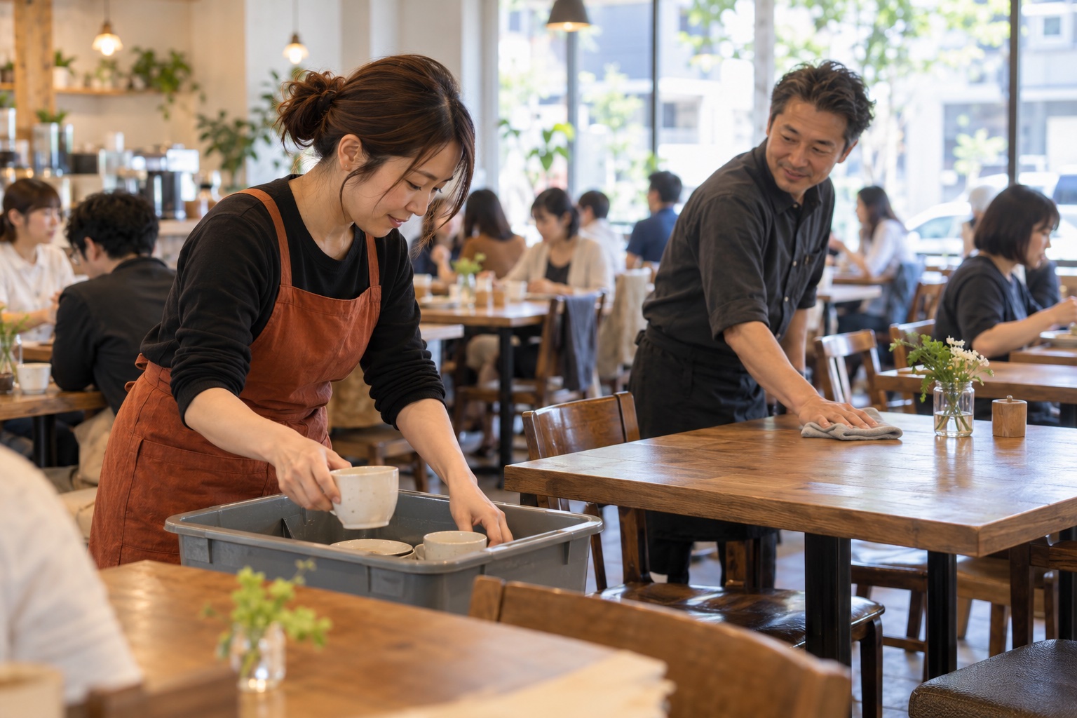 昼のカフェで空いた席を片付けるスタッフ。AI生成のイメージで、実際の画面・事例・提供内容を示すものではありません。