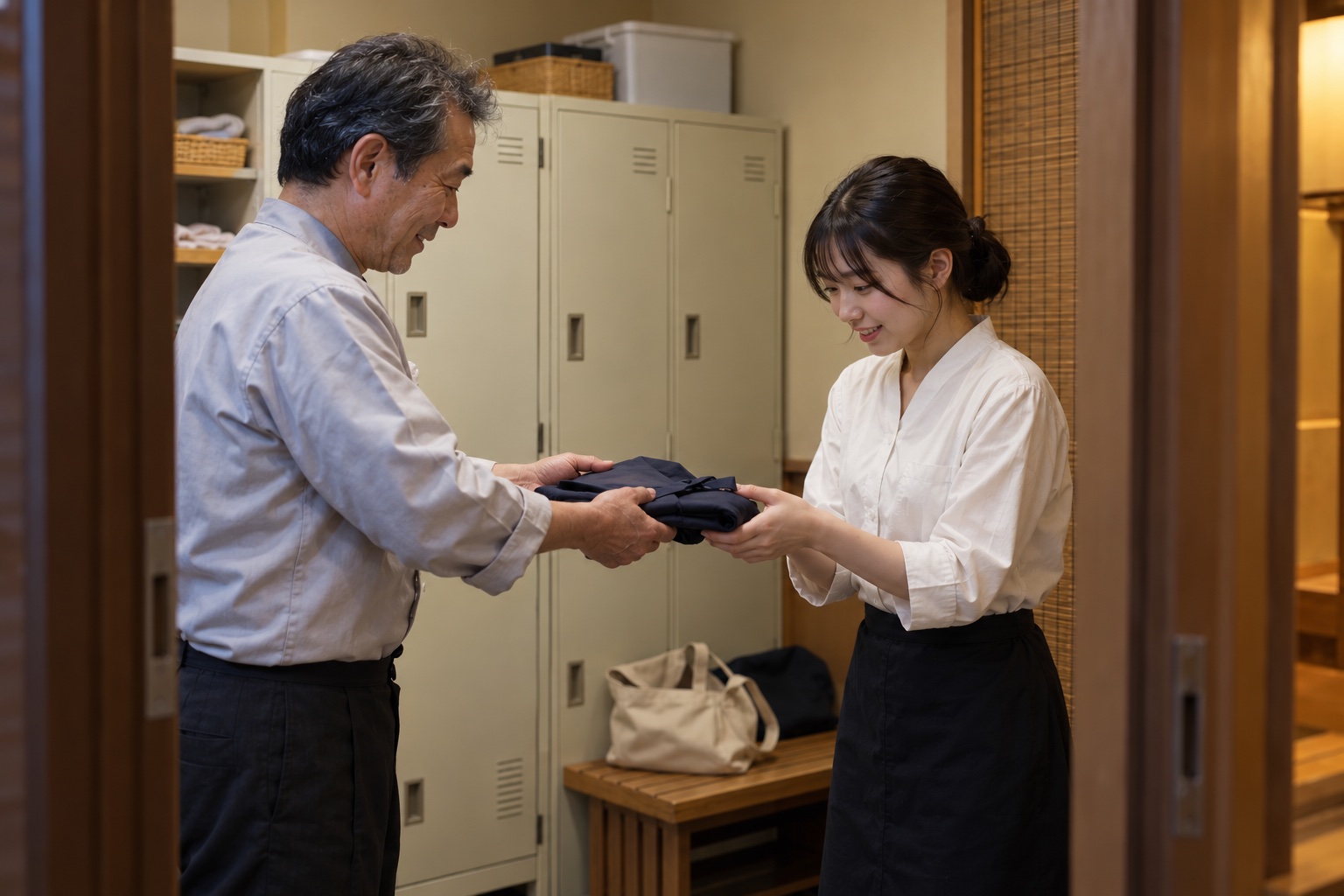 和食店の更衣室で新人にエプロンを渡す店長。AI生成のイメージで、実際の画面・事例・提供内容を示すものではありません。