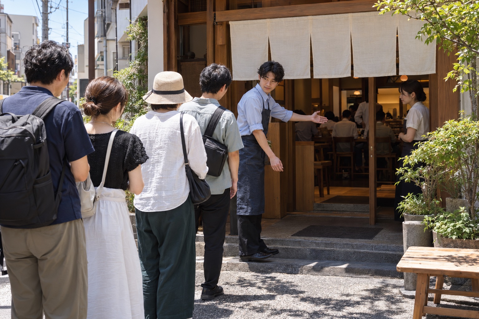 昼のうどん店で行列を案内する学生スタッフ。AI生成のイメージで、実際の画面・事例・提供内容を示すものではありません。