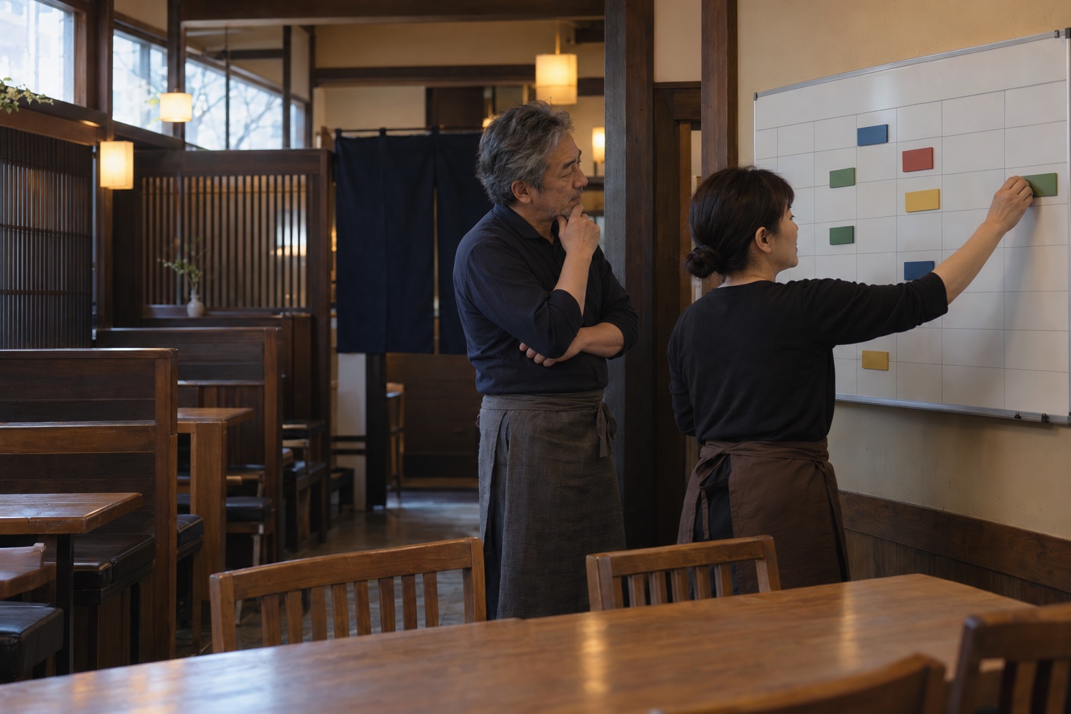 開店前の居酒屋でシフトを組む店主とスタッフ。AI生成のイメージで、実際の画面・事例・提供内容を示すものではありません。