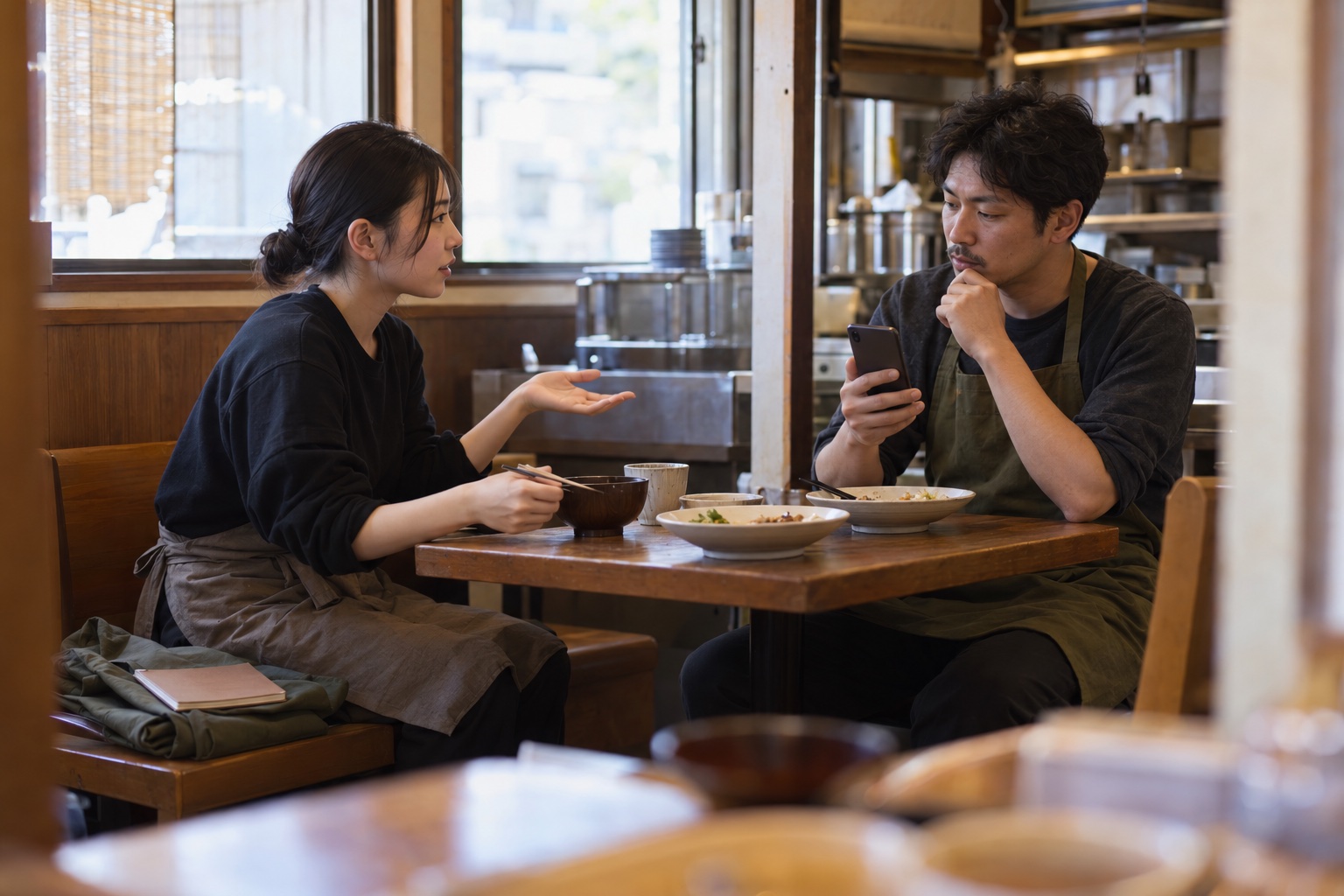 定食屋の休憩中にシフト交代を相談する二人。AI生成のイメージで、実際の画面・事例・提供内容を示すものではありません。