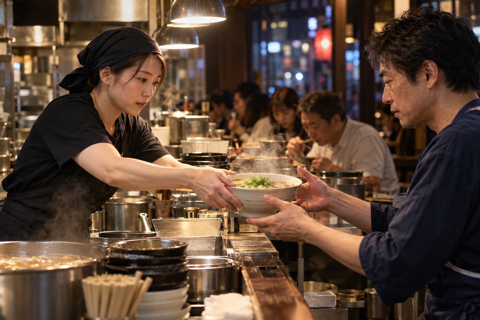 混雑するラーメン店で丼を受け渡すスタッフ。AI生成のイメージで、実際の画面・事例・提供内容を示すものではありません。