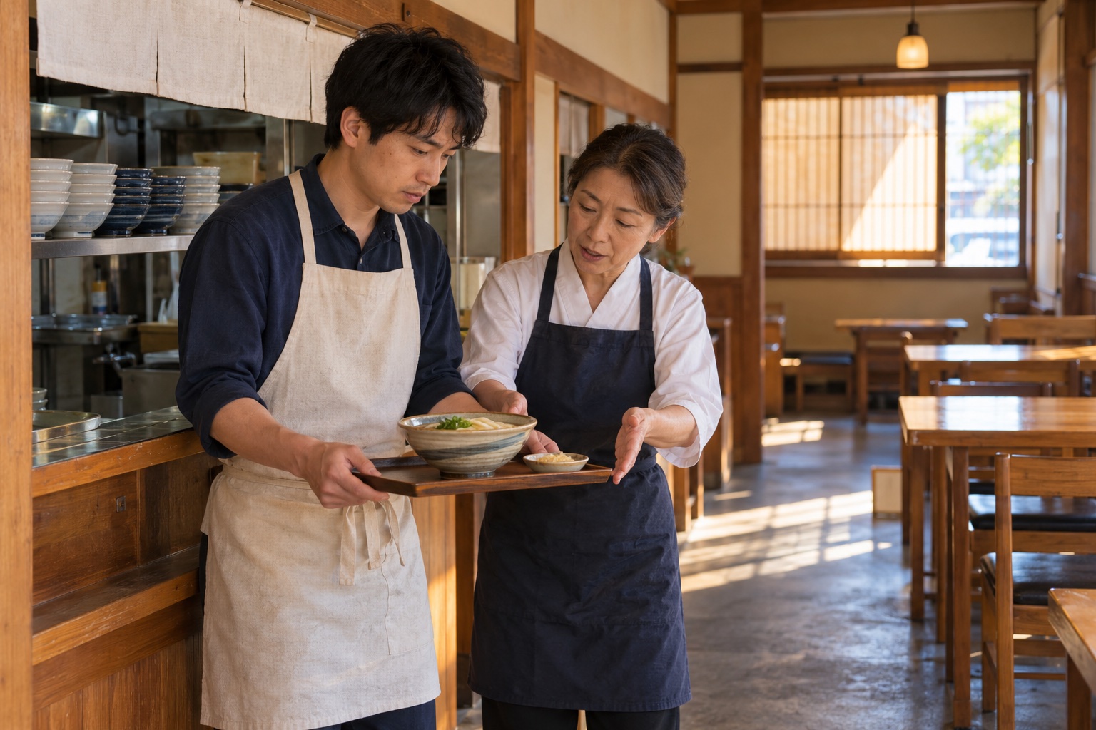 うどん店で盆の持ち方を教わる新人スタッフ。AI生成のイメージで、実際の画面・事例・提供内容を示すものではありません。