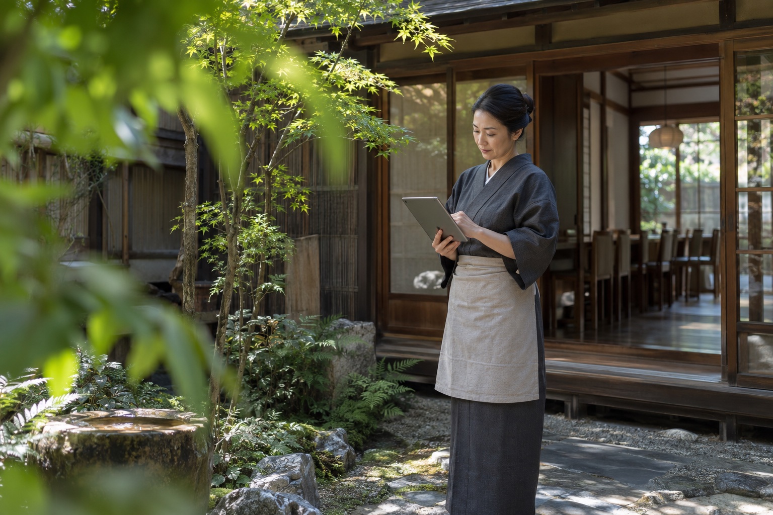 和食店の中庭で勤務予定を確認する店長。AI生成のイメージで、実際の画面・事例・提供内容を示すものではありません。