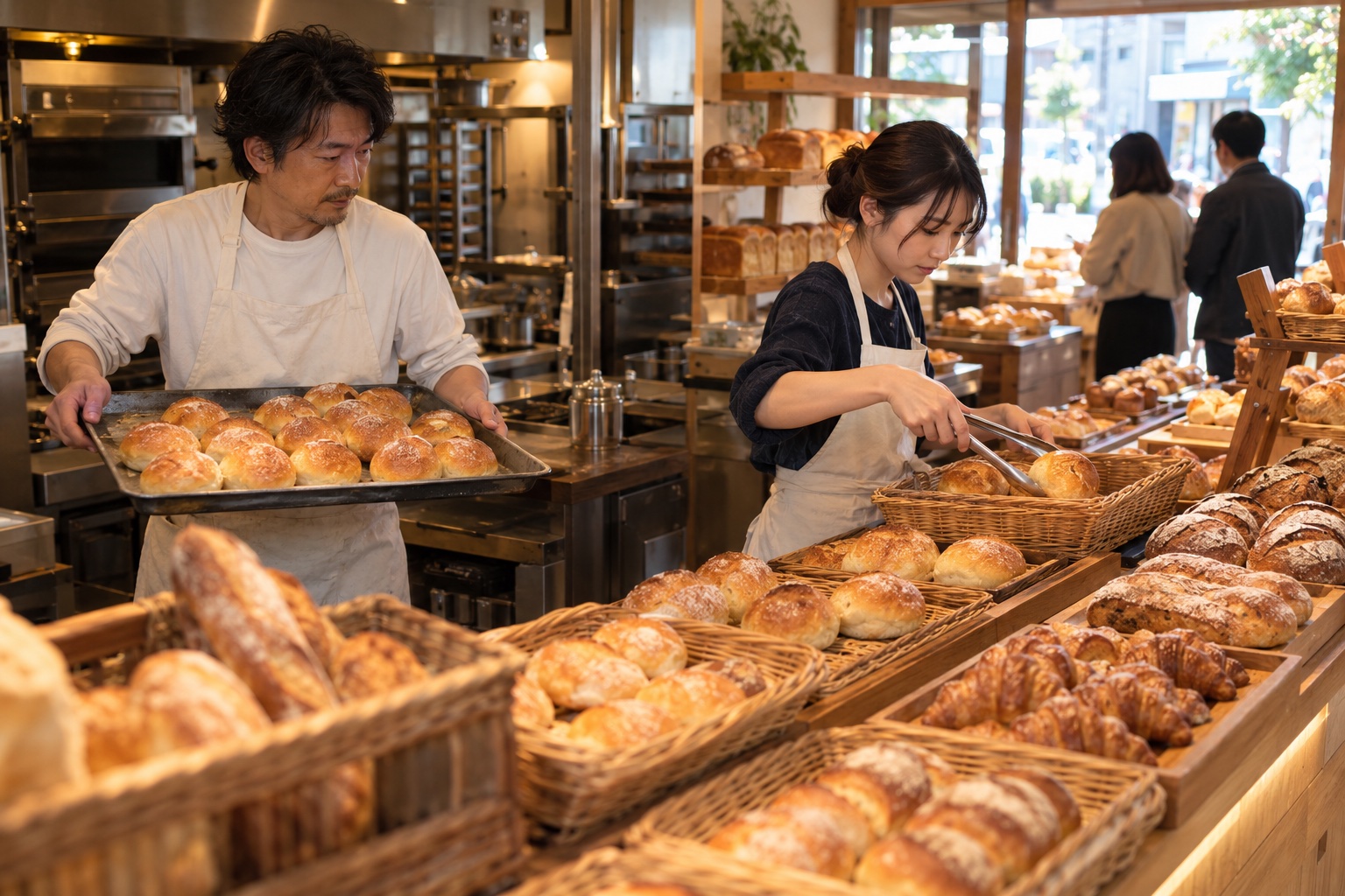 昼のパン屋で焼きたてのパンを補充する二人。AI生成のイメージで、実際の画面・事例・提供内容を示すものではありません。